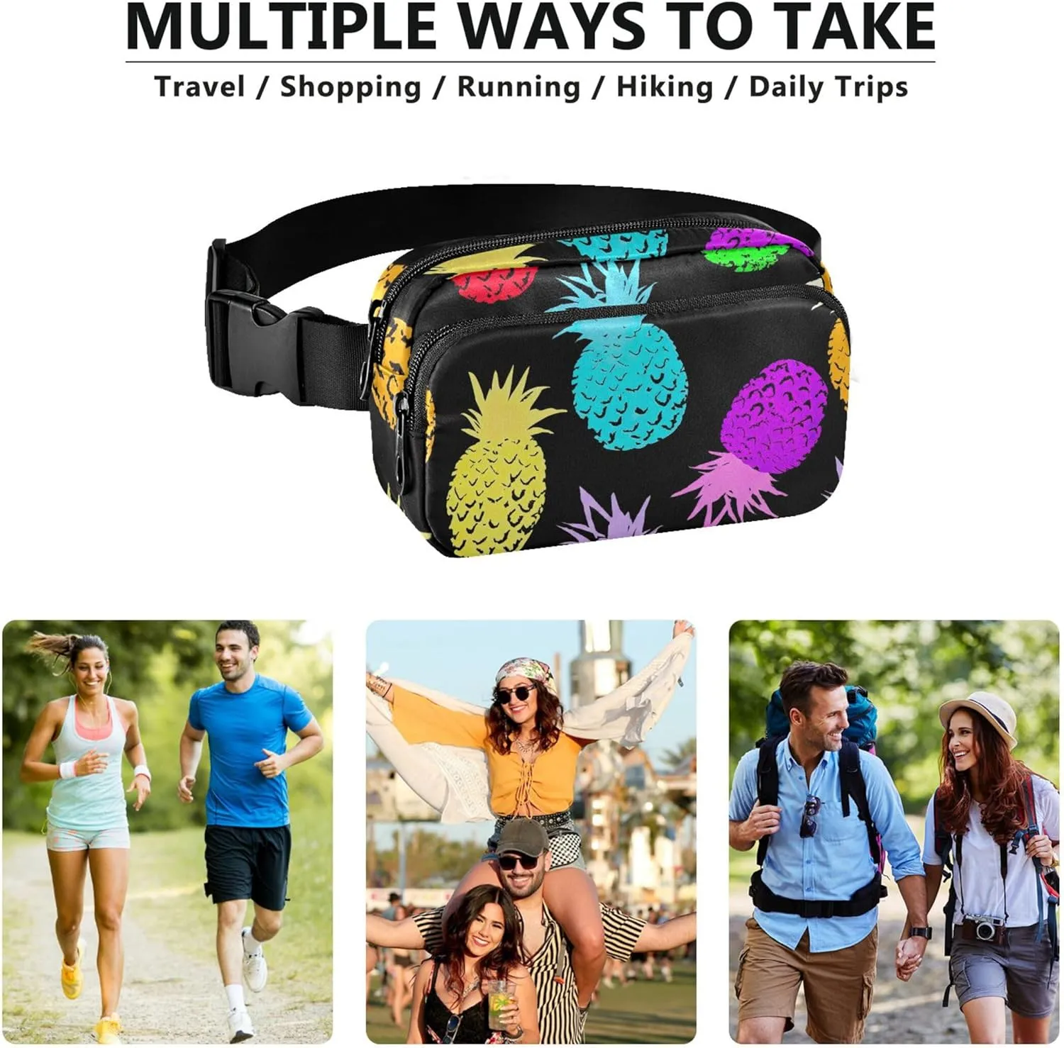 Colorful Pineapple Black Fanny Pack for Women Waterproof Everywhere Belt Bag Cute Cross Body Waist Purse