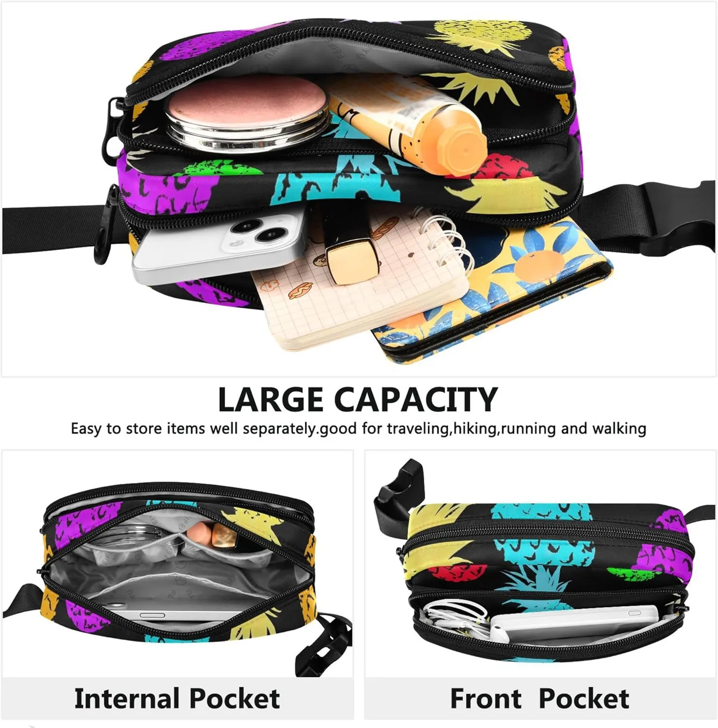 Colorful Pineapple Black Fanny Pack for Women Waterproof Everywhere Belt Bag Cute Cross Body Waist Purse