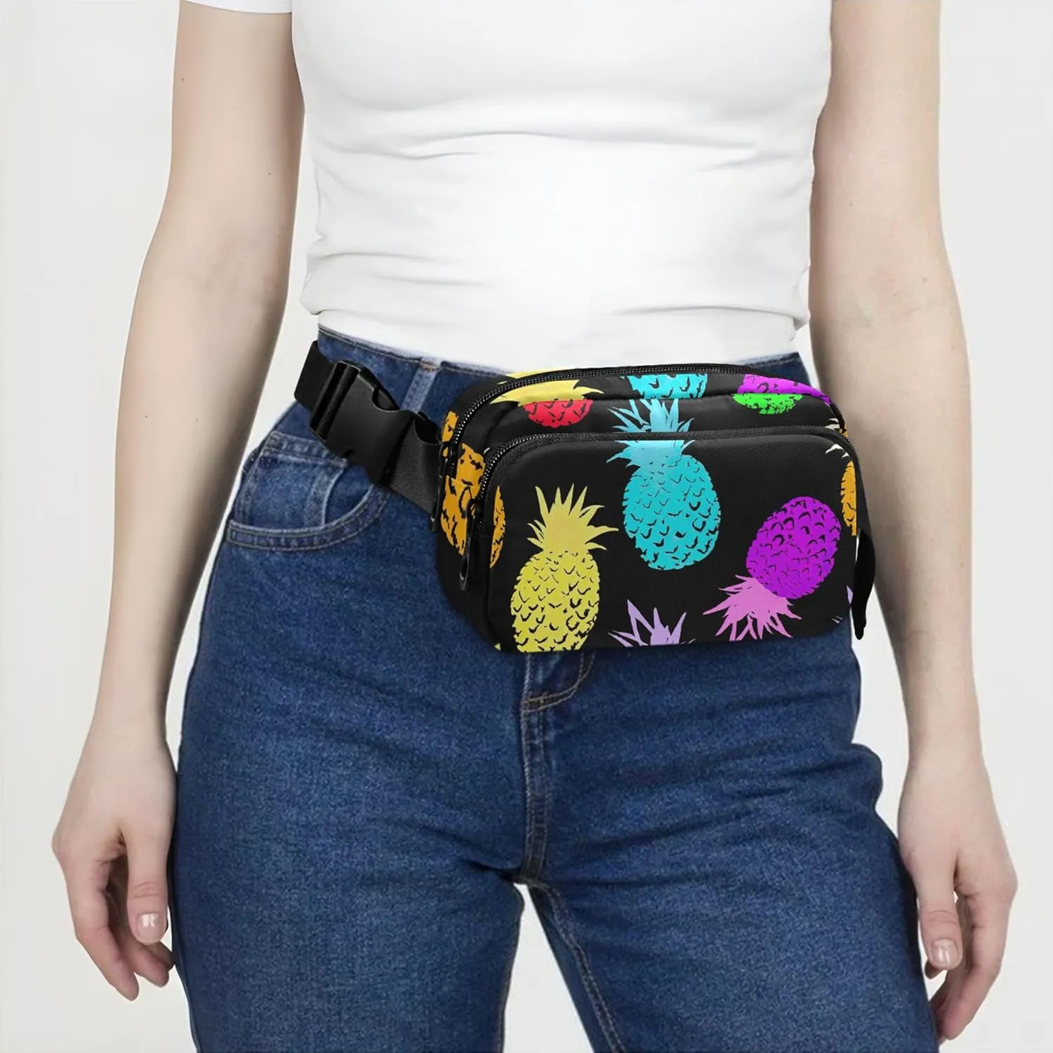 Colorful Pineapple Black Fanny Pack for Women Waterproof Everywhere Belt Bag Cute Cross Body Waist Purse