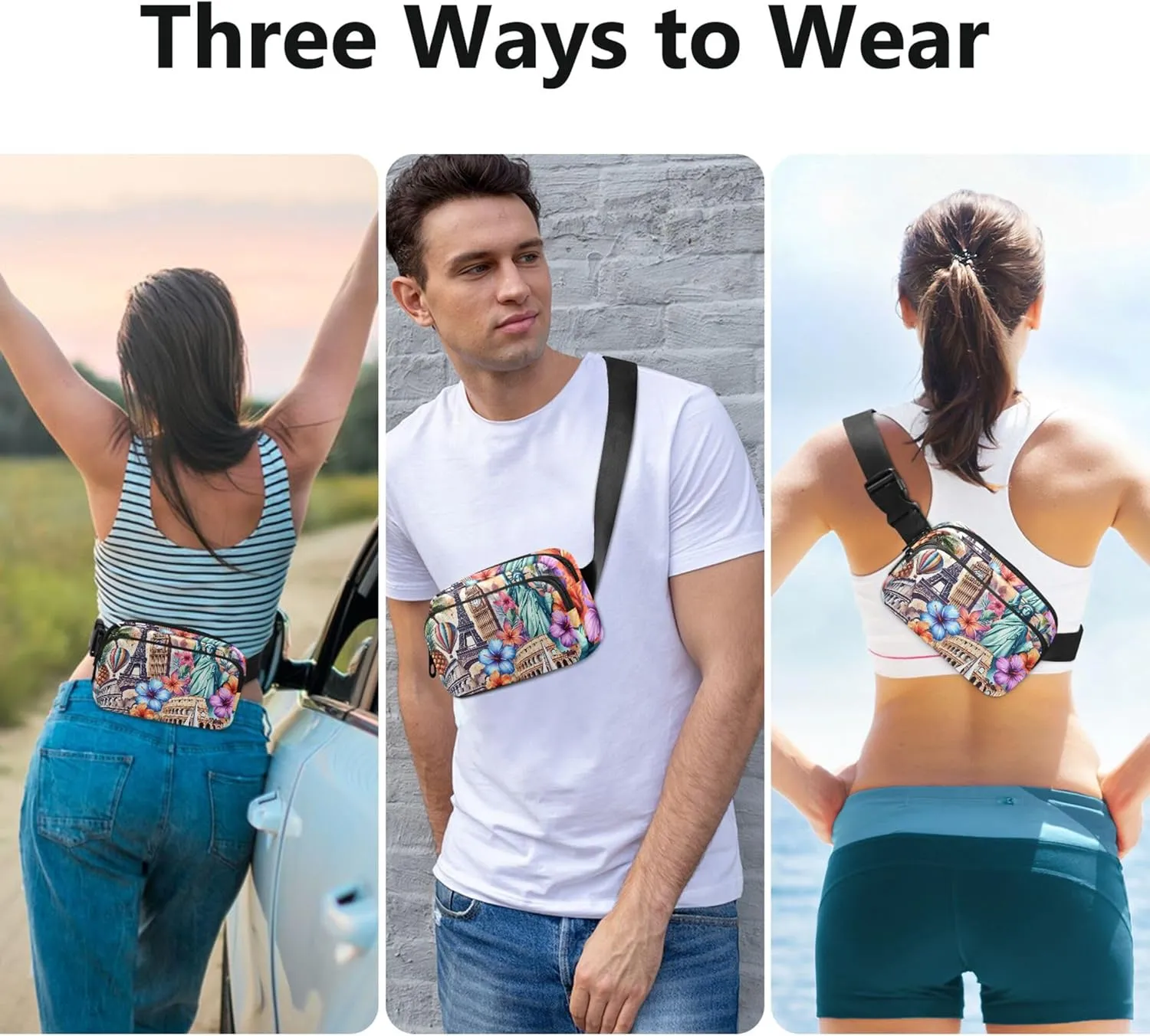 Colorful Travel Landmark Art Womens Fanny Pack Anti Theft Belt Bag Waterproof Designer Crossbody Waist Purse