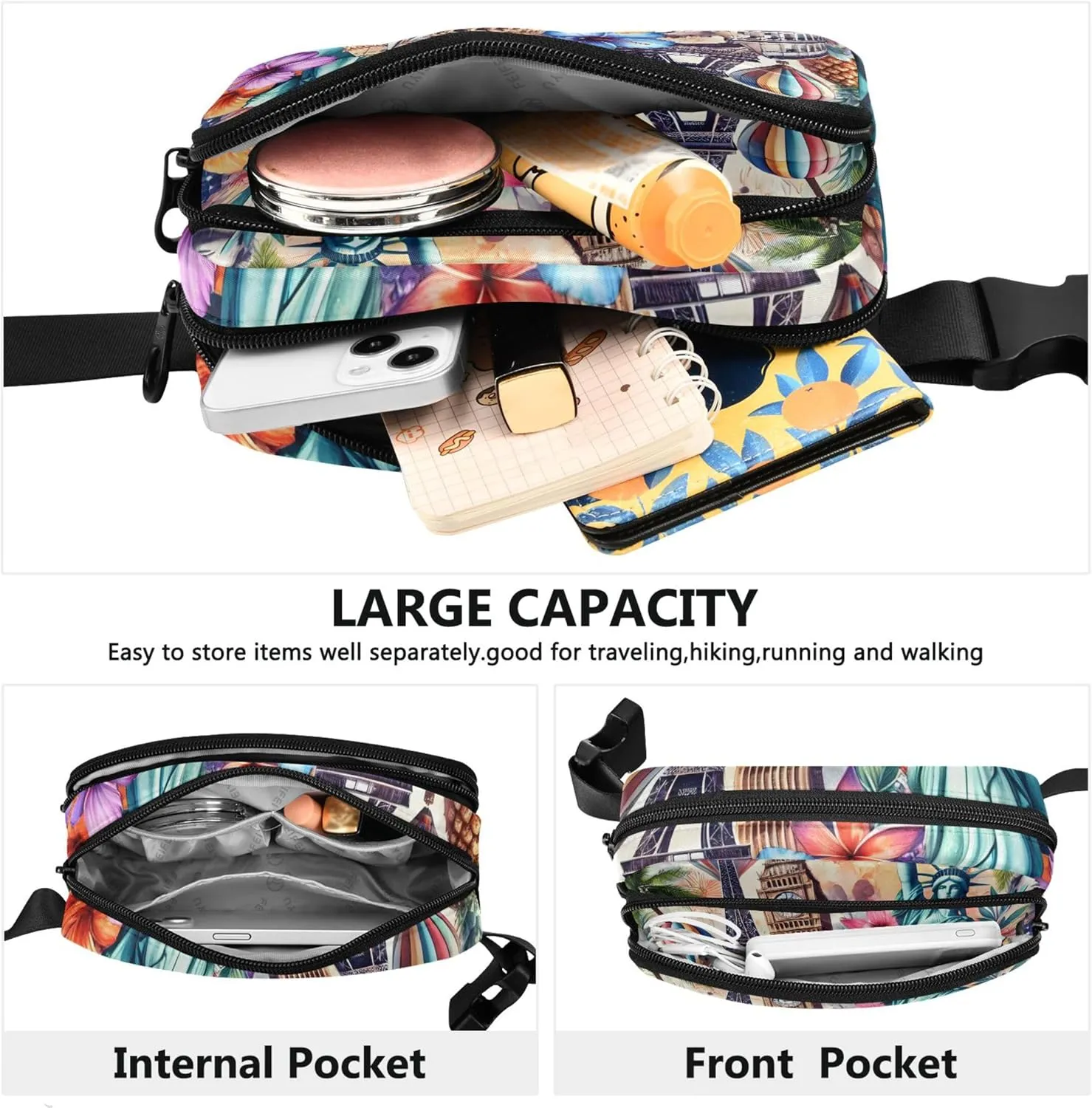 Colorful Travel Landmark Art Womens Fanny Pack Anti Theft Belt Bag Waterproof Designer Crossbody Waist Purse