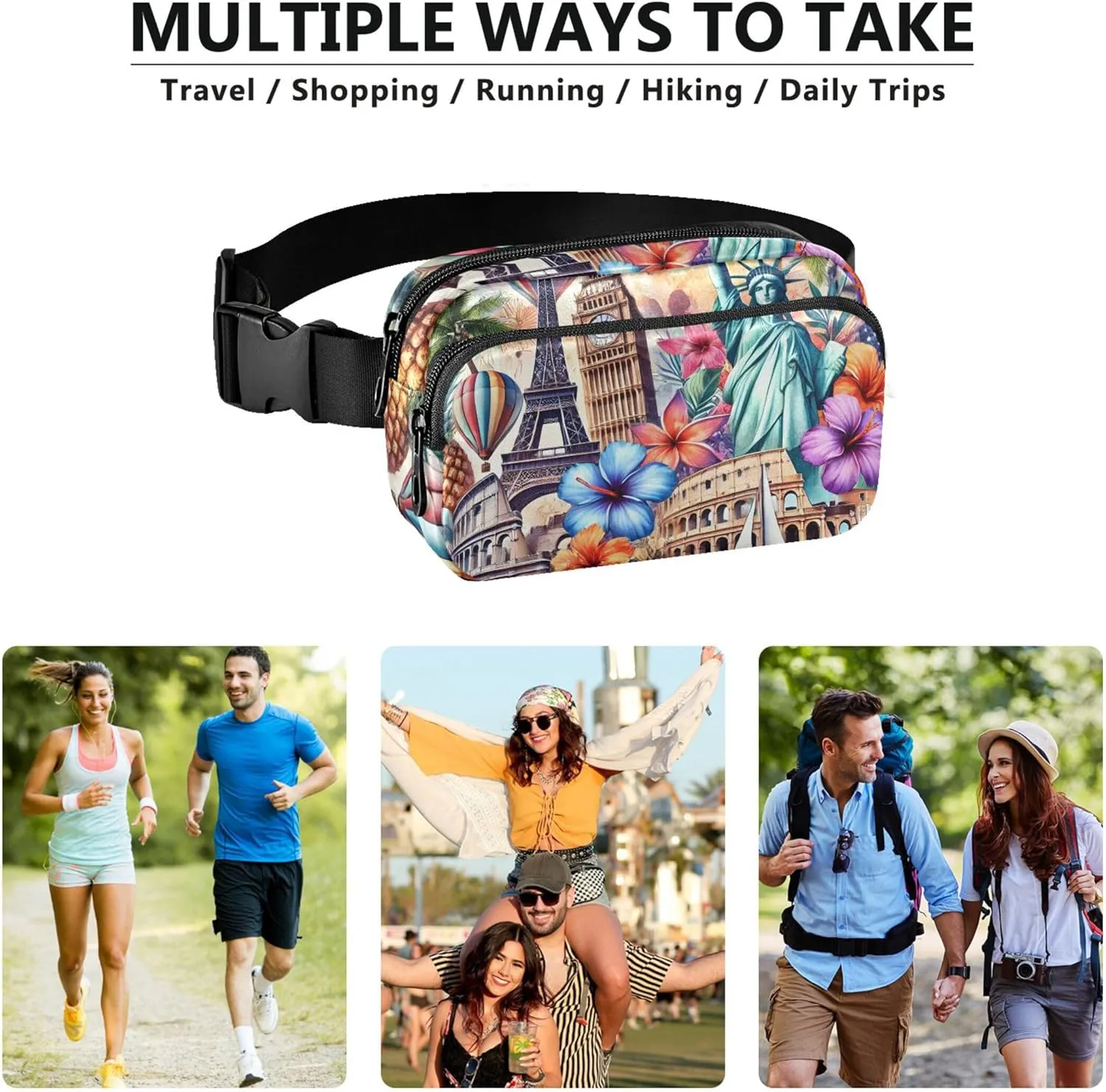 Colorful Travel Landmark Art Womens Fanny Pack Anti Theft Belt Bag Waterproof Designer Crossbody Waist Purse