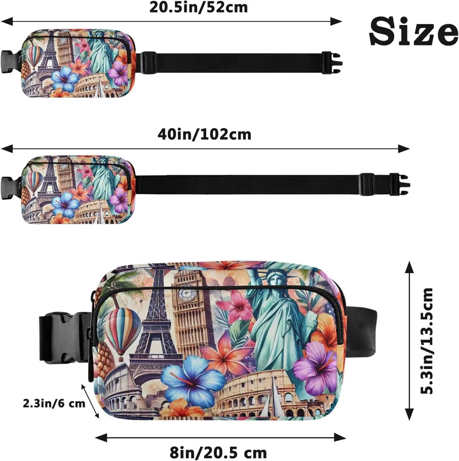 Colorful Travel Landmark Art Womens Fanny Pack Anti Theft Belt Bag Waterproof Designer Crossbody Waist Purse