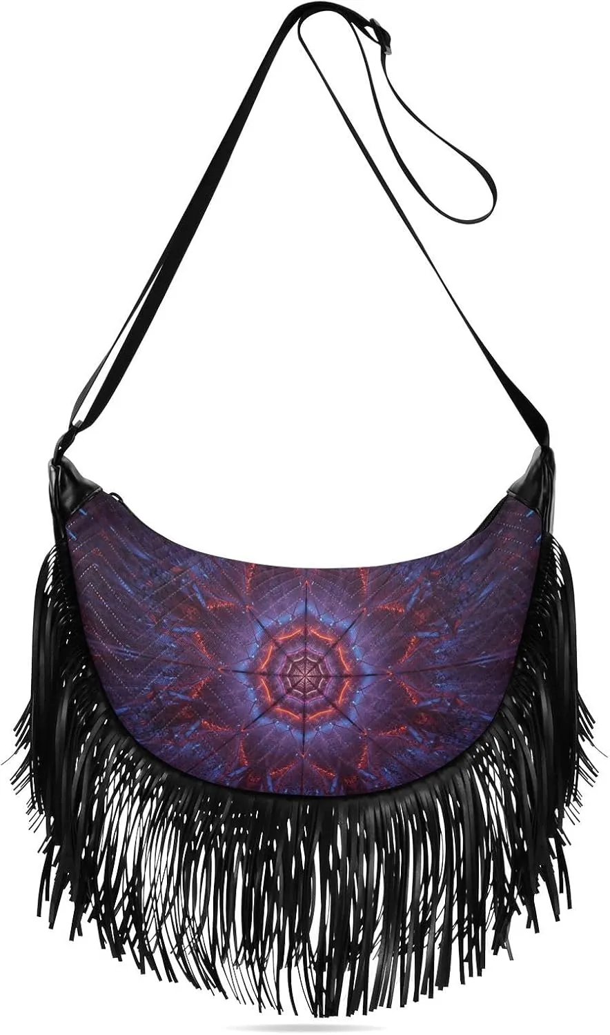 Cosmic-purple-blue Print Women Tassel Fringe Shoulder bag, Fringe Purse Crossbody, Women Tassel Hobo Bag with Zipper