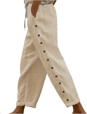 Cotton Linen Pants for Women Drawstring High Elastic Waist Trousers Summer Trendy Strip Buttoned Side Tapered Pants