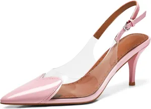 Coutgo Womens Slingback Kitten Heels Heart Clear Pumps Low Heel Pointed Closed Toe Party Wedding Dress Shoes