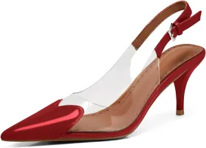 Coutgo Womens Slingback Kitten Heels Heart Clear Pumps Low Heel Pointed Closed Toe Party Wedding Dress Shoes