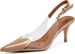 Coutgo Womens Slingback Kitten Heels Heart Clear Pumps Low Heel Pointed Closed Toe Party Wedding Dress Shoes