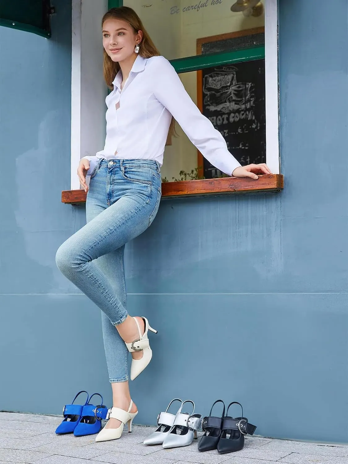 Coutgo Womens Slingback Pumps Closed Pointed Toe High Heels Belt Buckle Strap Dressy Work Shoes