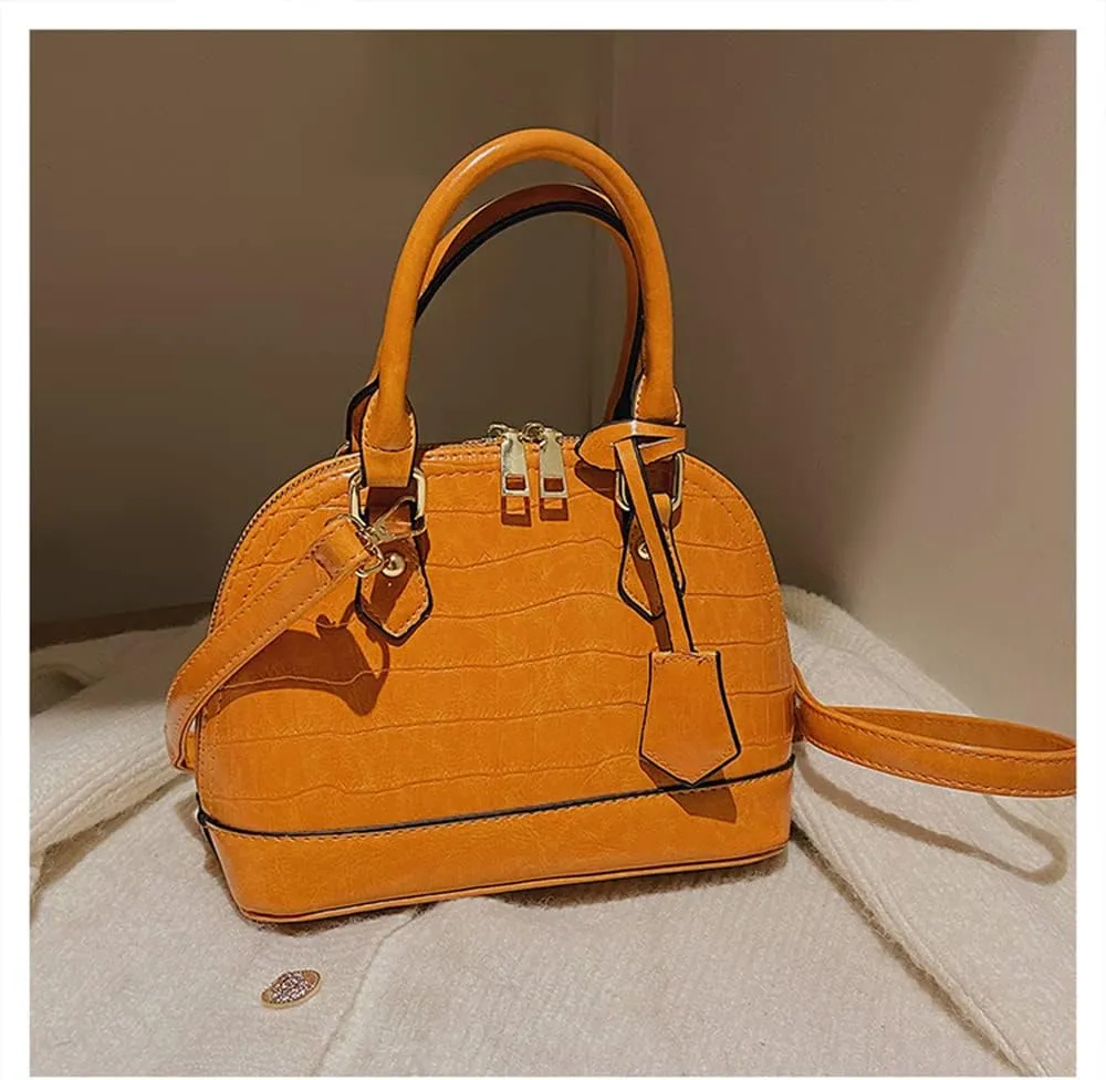 Crocodile Pattern Leather Dome Crossbody Bag for Women Top Handle Satchel Handbags Ladies Shoulder Bag Tote (Yellow)