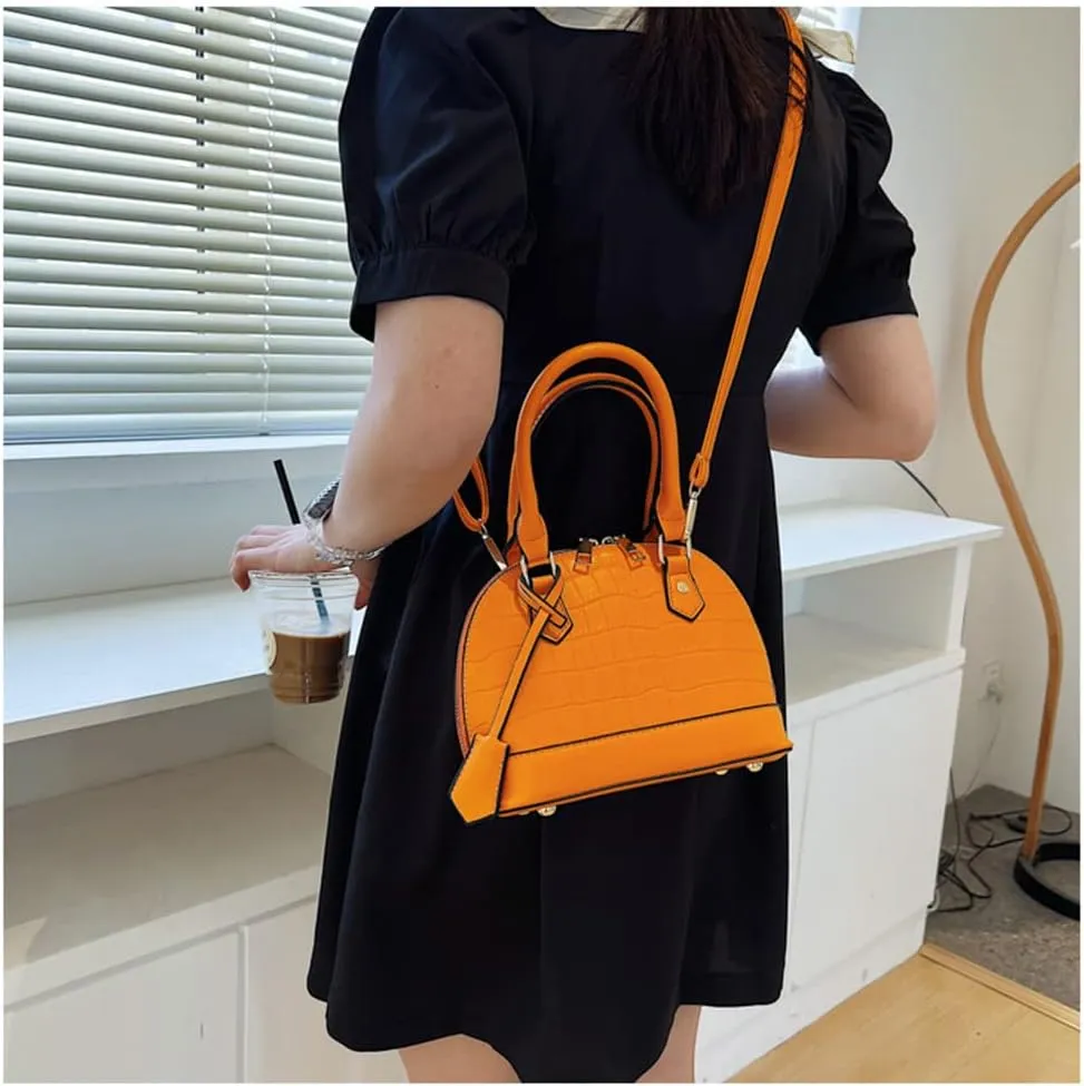Crocodile Pattern Leather Dome Crossbody Bag for Women Top Handle Satchel Handbags Ladies Shoulder Bag Tote (Yellow)