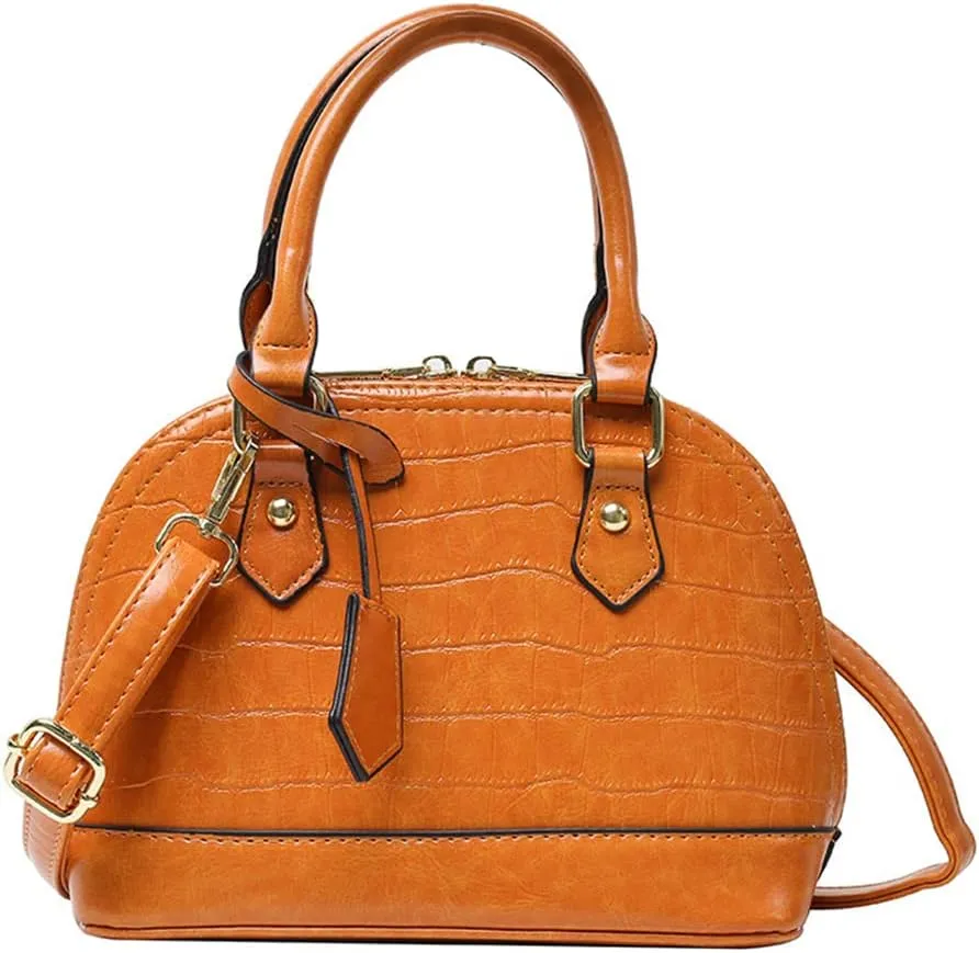 Crocodile Pattern Leather Dome Crossbody Bag for Women Top Handle Satchel Handbags Ladies Shoulder Bag Tote (Yellow)