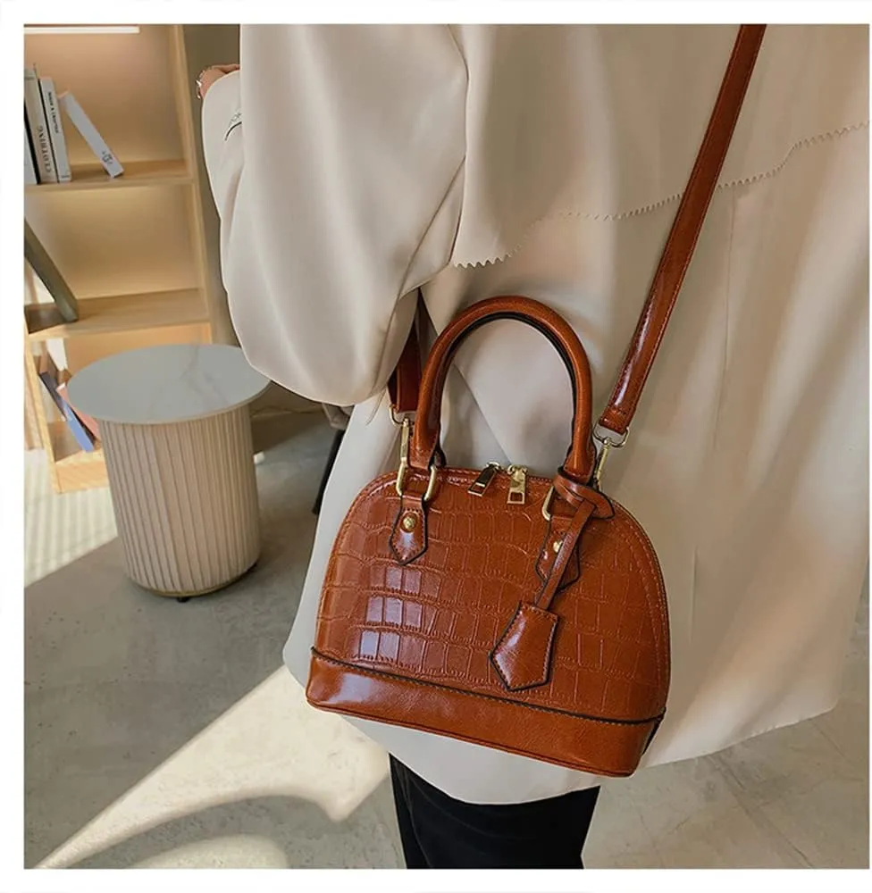 Crocodile Pattern Leather Dome Crossbody Bag for Women Top Handle Satchel Handbags Ladies Shoulder Bag Tote (Yellow)