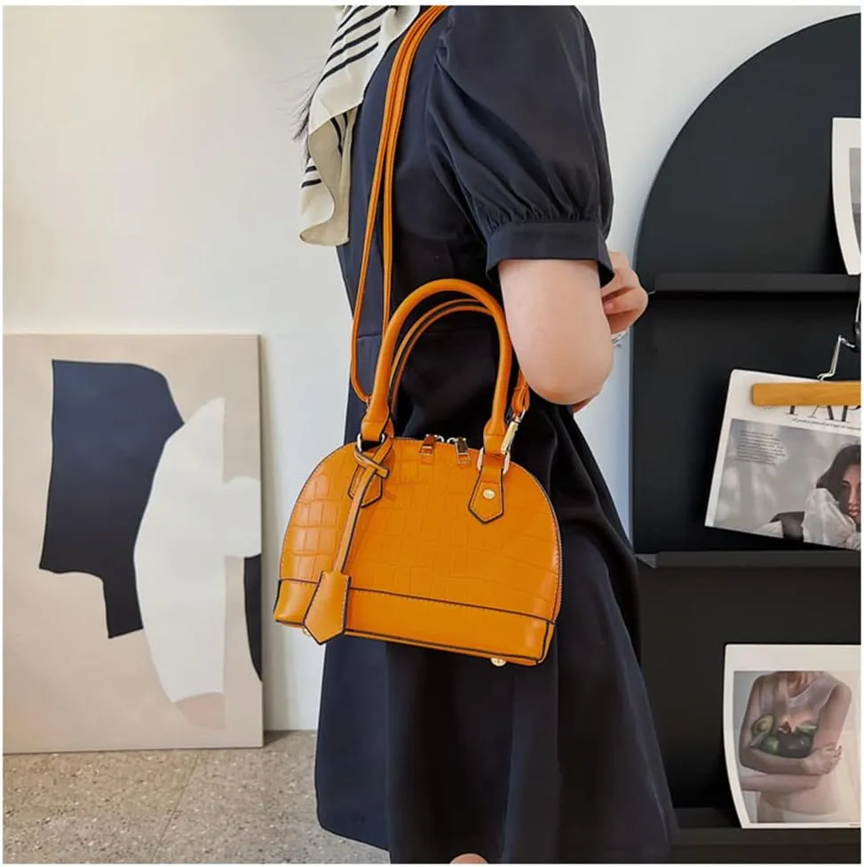 Crocodile Pattern Leather Dome Crossbody Bag for Women Top Handle Satchel Handbags Ladies Shoulder Bag Tote (Yellow)