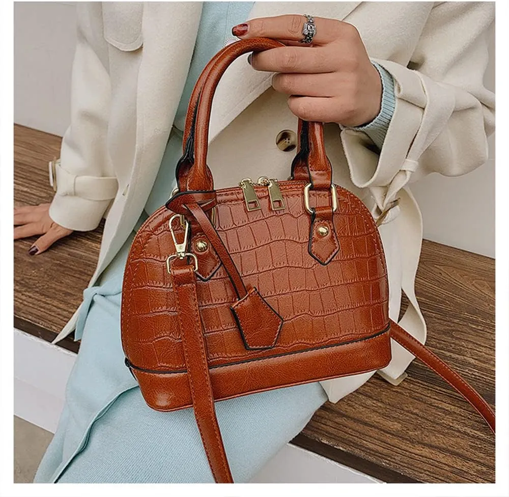 Crocodile Pattern Leather Dome Crossbody Bag for Women Top Handle Satchel Handbags Ladies Shoulder Bag Tote (Yellow)