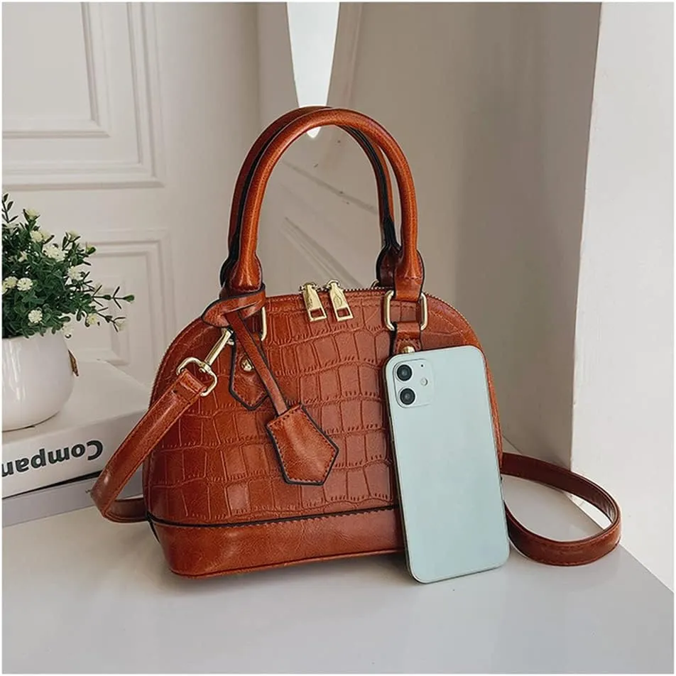 Crocodile Pattern Leather Dome Crossbody Bag for Women Top Handle Satchel Handbags Ladies Shoulder Bag Tote (Yellow)