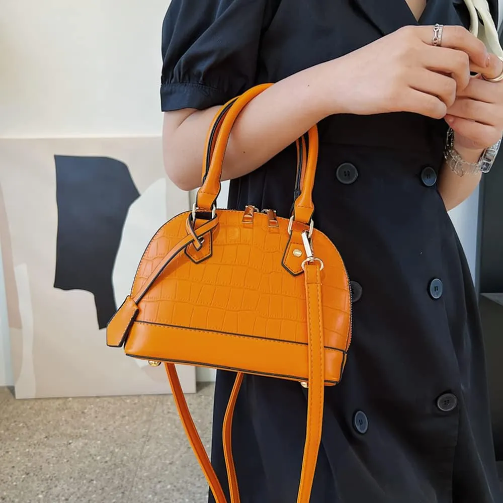 Crocodile Pattern Leather Dome Crossbody Bag for Women Top Handle Satchel Handbags Ladies Shoulder Bag Tote (Yellow)