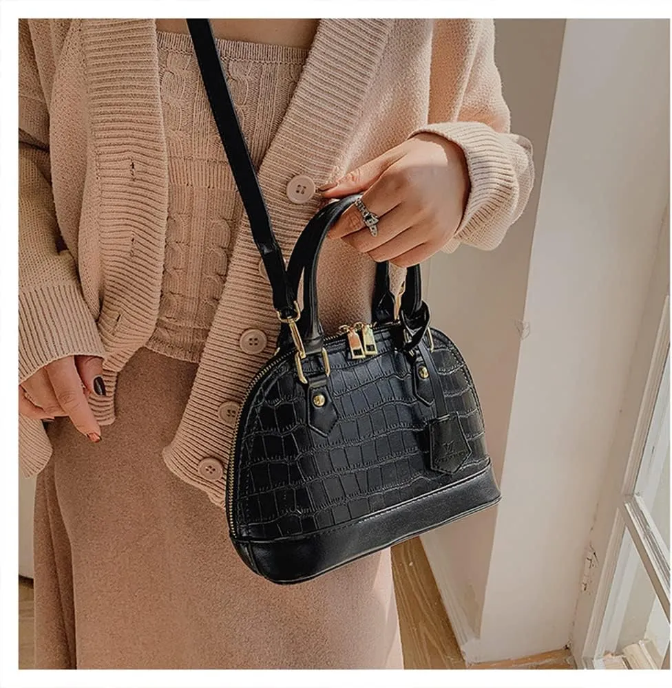 Crocodile Pattern Leather Dome Crossbody Bag for Women Top Handle Satchel Handbags Ladies Shoulder Bag Tote (Yellow)