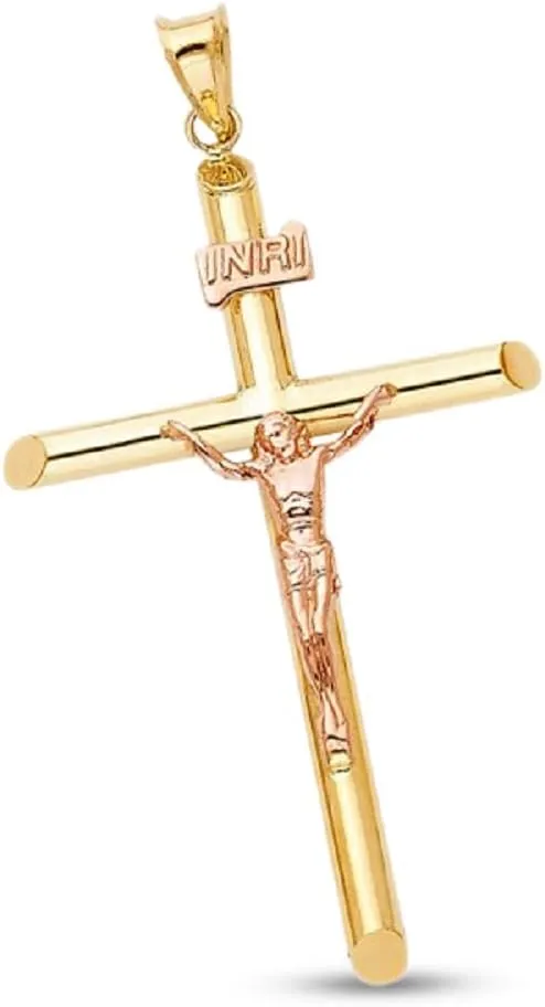 Cross Jesus Pendant 14k Yellow Rose Gold Crucifix Religious Christian Jewelry Two Tone Charm Christ Solid 48 mm x 32 mm