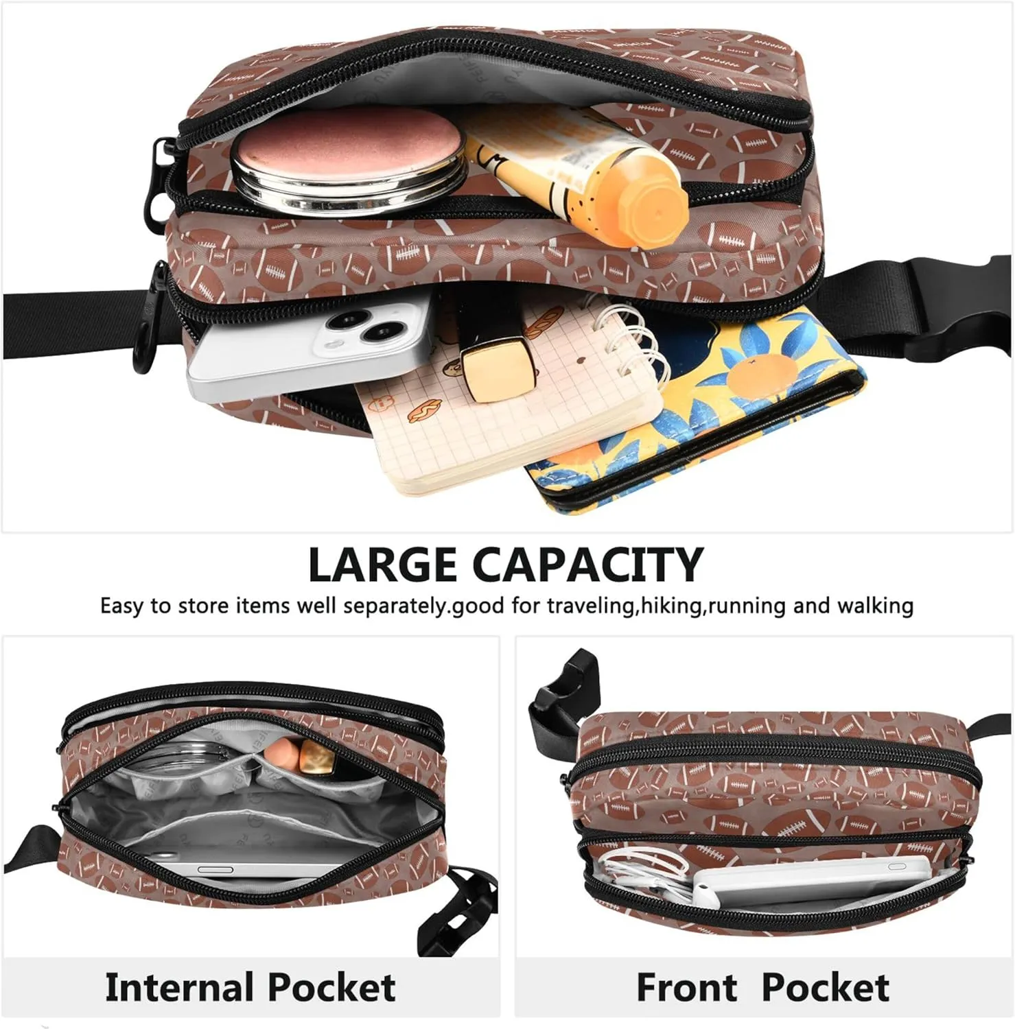 Custom American Football Pattern Fanny Packs Women Waterproof Everywhere Belt Bag Cute Crossbody Waist Pack