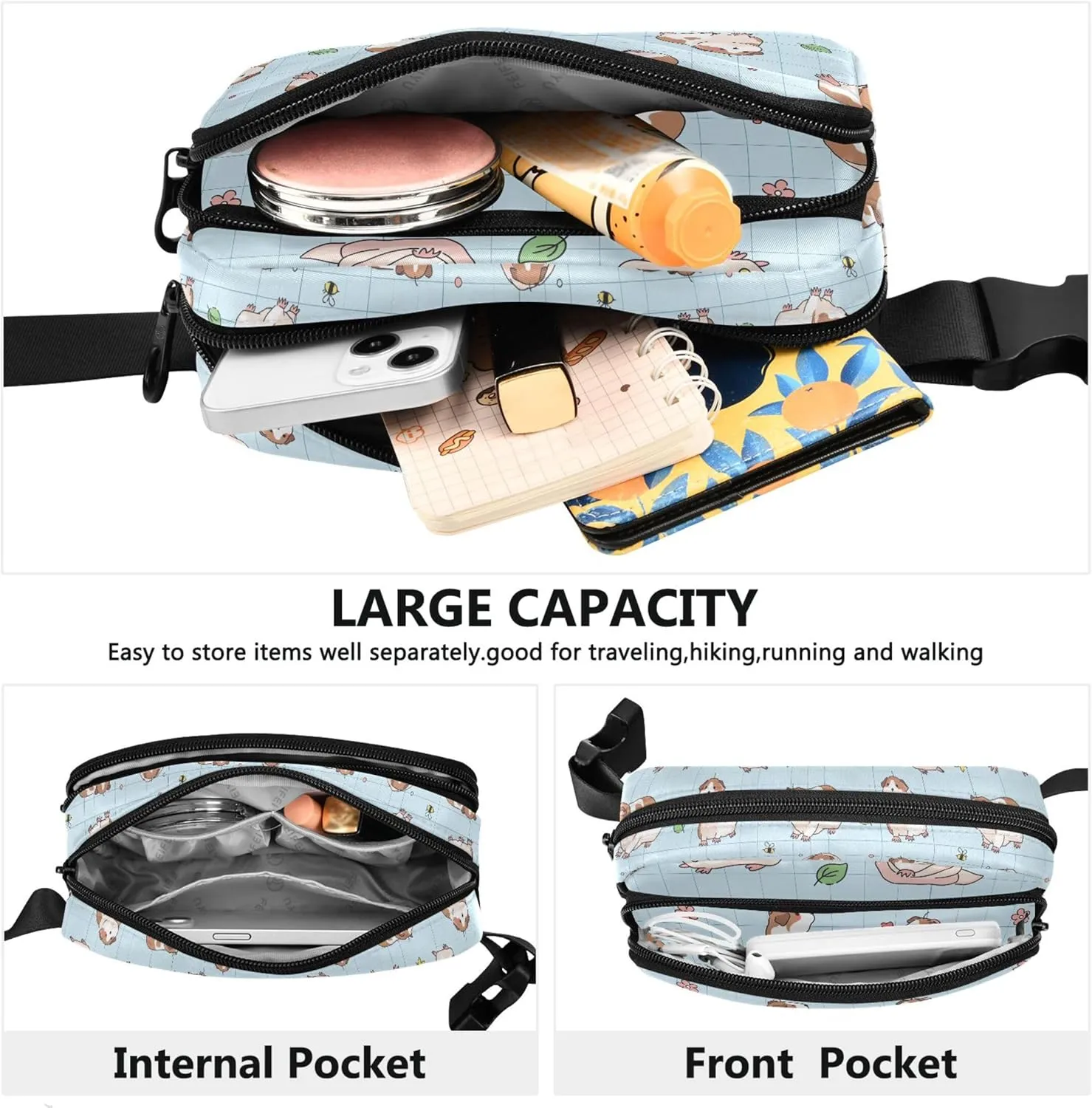 Custom Cartoon Guinea Pigs Plaid Fanny Pack for Women Colorful Hip Pouch Belt Bag Waterproof Waist Pack for Women