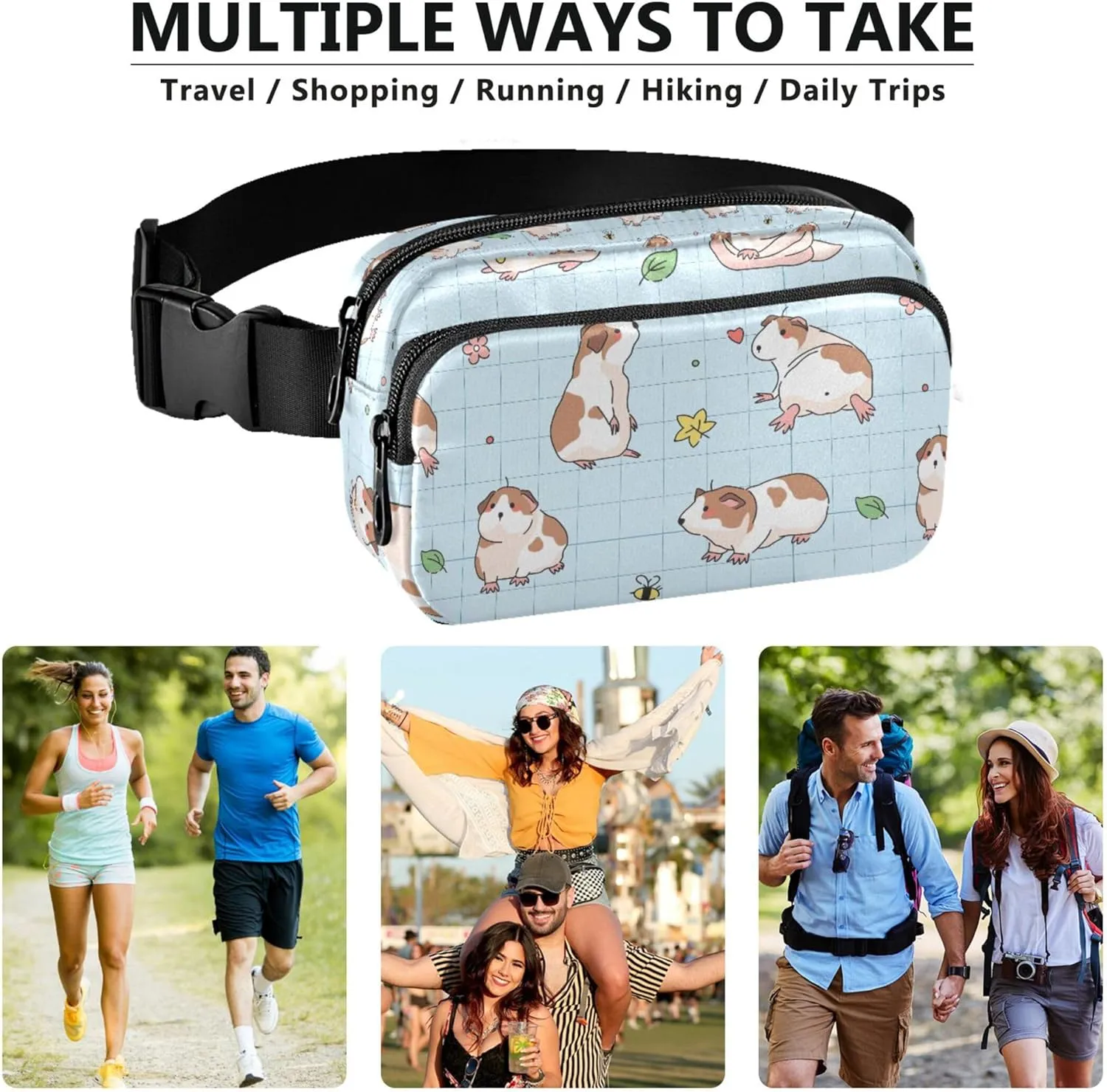 Custom Cartoon Guinea Pigs Plaid Fanny Pack for Women Colorful Hip Pouch Belt Bag Waterproof Waist Pack for Women