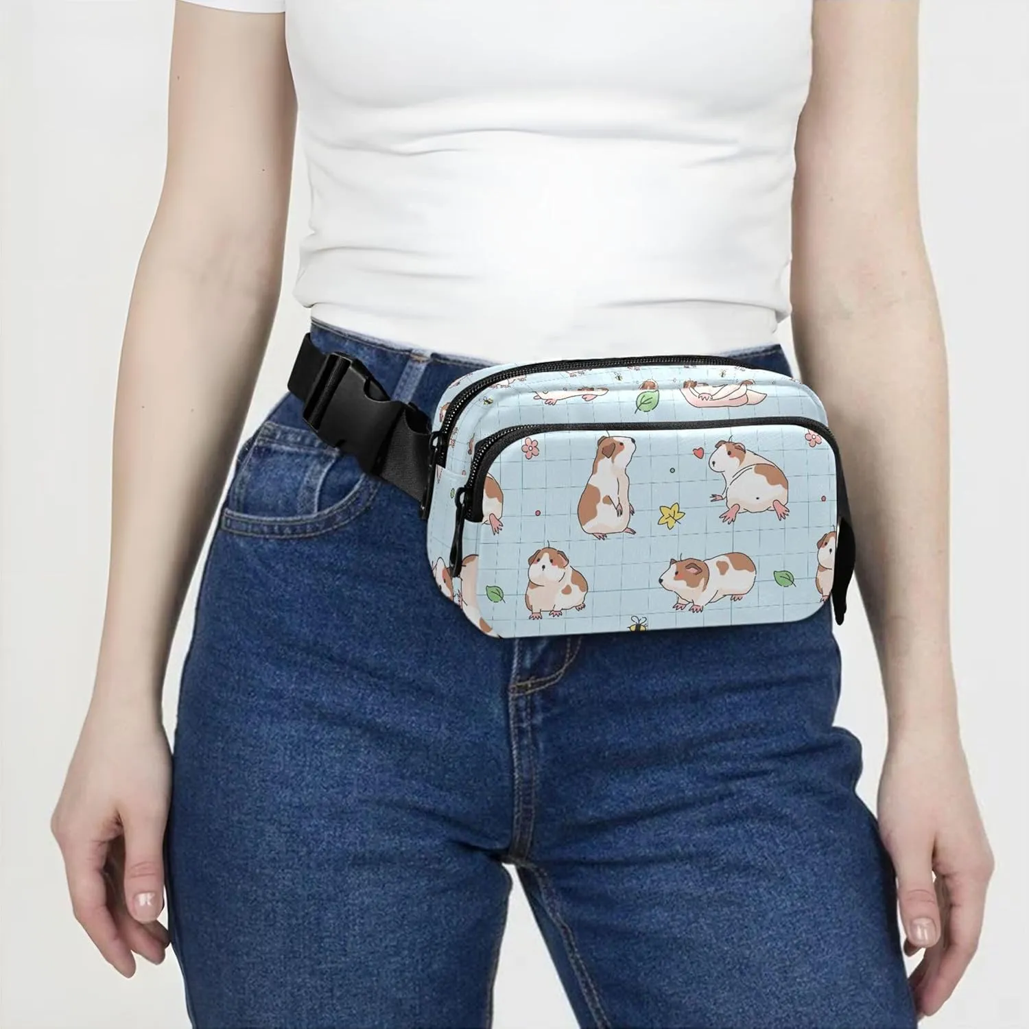 Custom Cartoon Guinea Pigs Plaid Fanny Pack for Women Colorful Hip Pouch Belt Bag Waterproof Waist Pack for Women