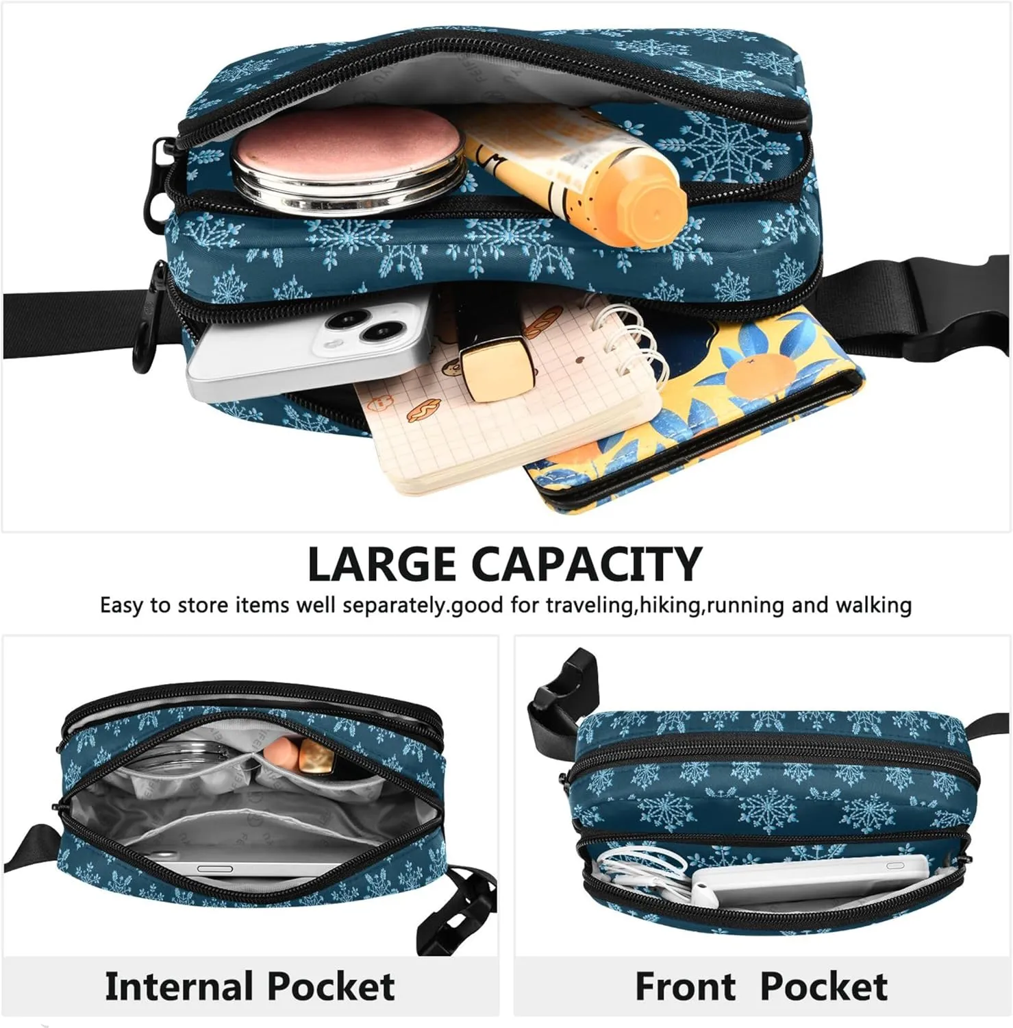 Custom Christmas Blue Snowflakes Women Fanny Packs Waterproof Large Hip Belt Bag Bright Colored Waist Purse for Women
