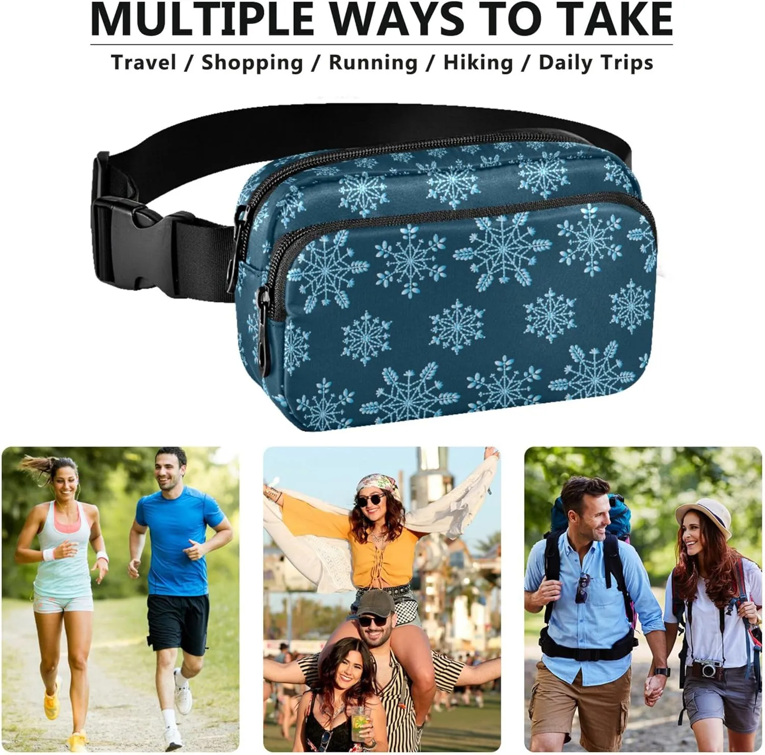 Custom Christmas Blue Snowflakes Women Fanny Packs Waterproof Large Hip Belt Bag Bright Colored Waist Purse for Women