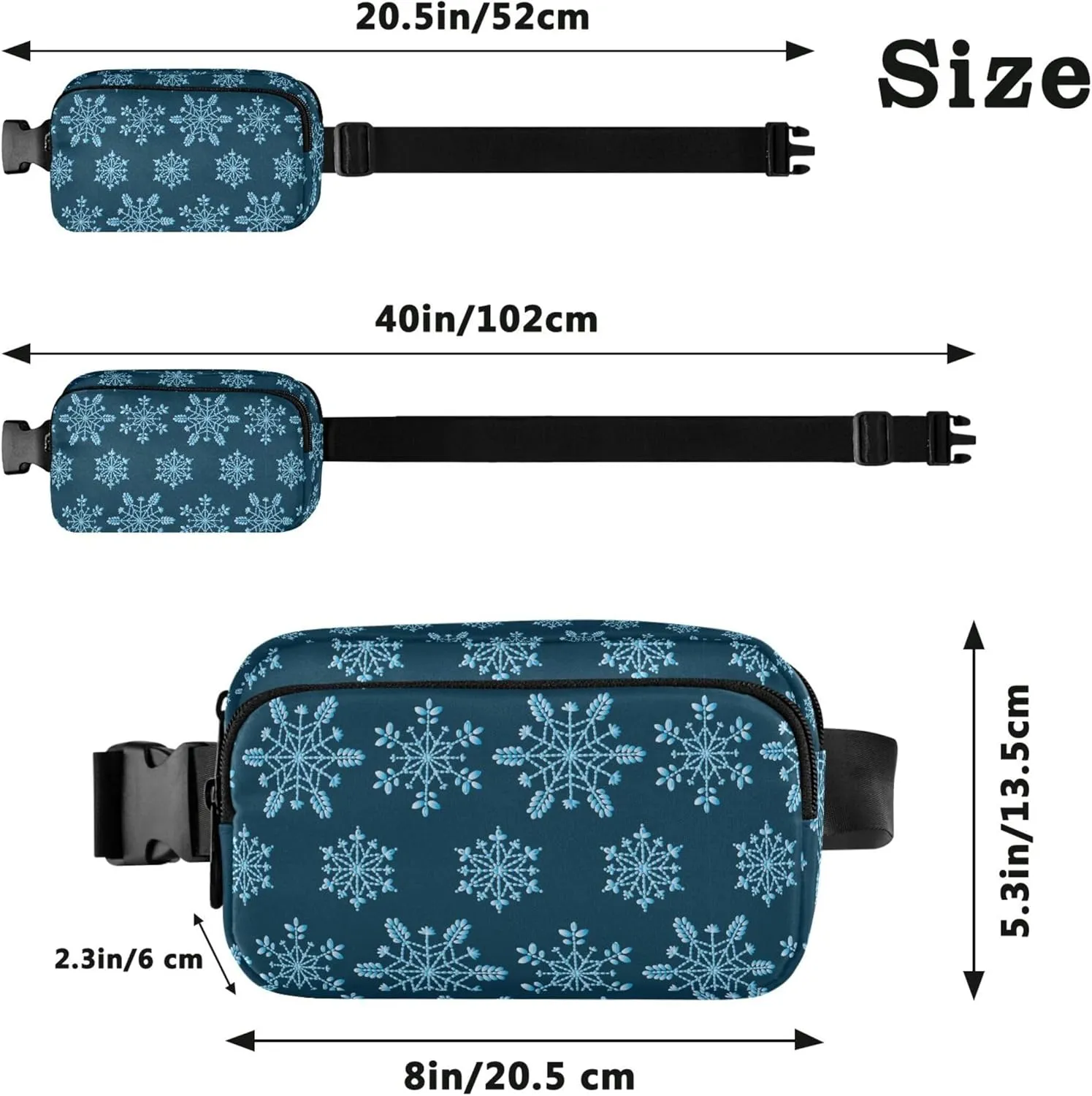 Custom Christmas Blue Snowflakes Women Fanny Packs Waterproof Large Hip Belt Bag Bright Colored Waist Purse for Women