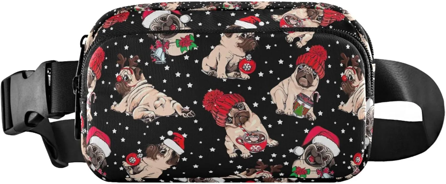 Custom Christmas Cute Pug Bulldog Fanny Packs for Women Hip Pack Belt Pouch Waterproof Hiking Crossbody Waist Purse