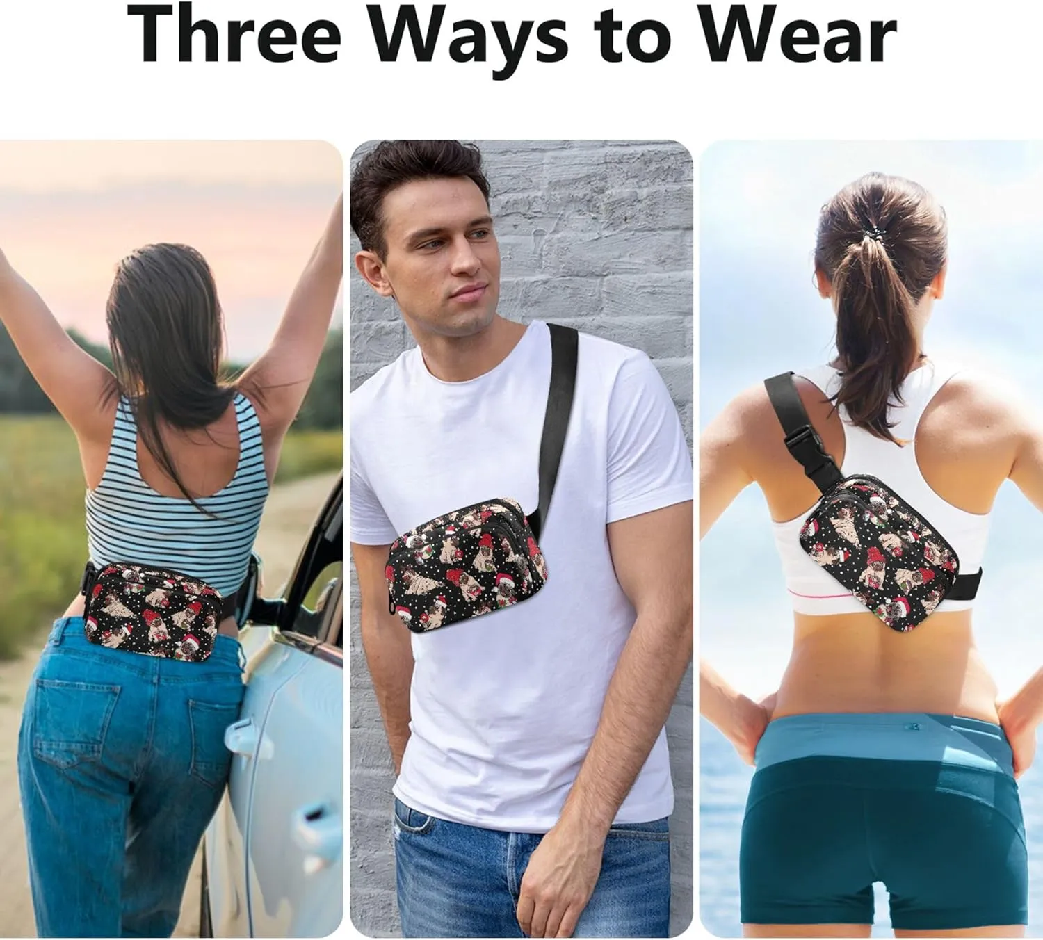 Custom Christmas Cute Pug Bulldog Fanny Packs for Women Hip Pack Belt Pouch Waterproof Hiking Crossbody Waist Purse