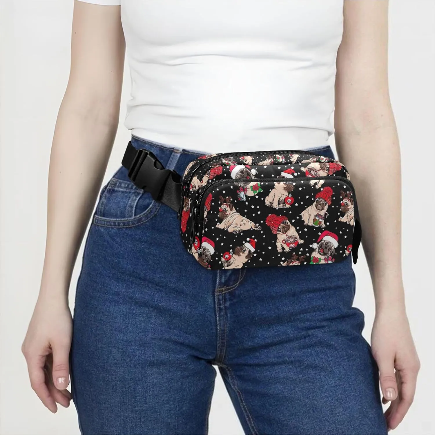 Custom Christmas Cute Pug Bulldog Fanny Packs for Women Hip Pack Belt Pouch Waterproof Hiking Crossbody Waist Purse