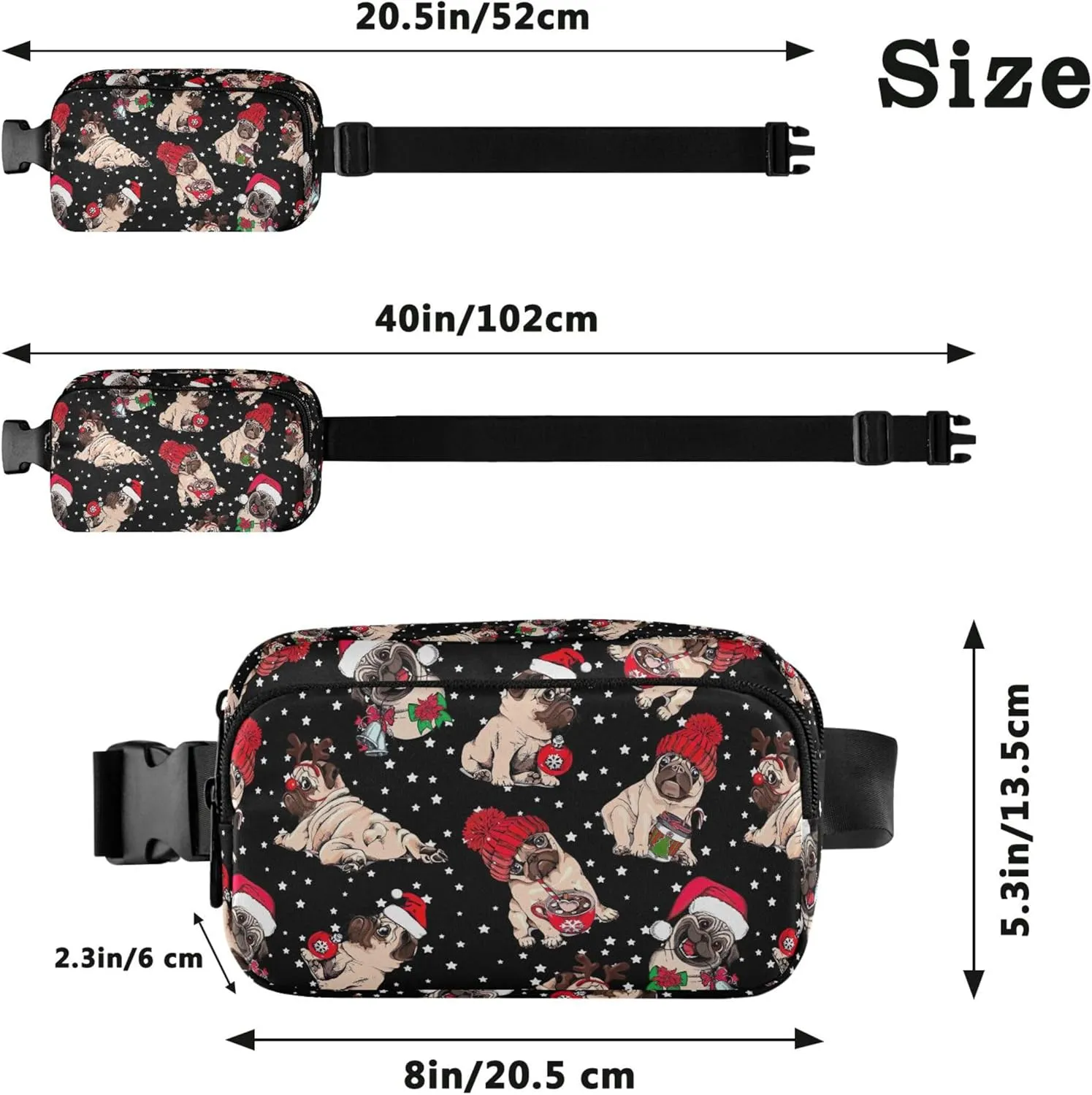 Custom Christmas Cute Pug Bulldog Fanny Packs for Women Hip Pack Belt Pouch Waterproof Hiking Crossbody Waist Purse