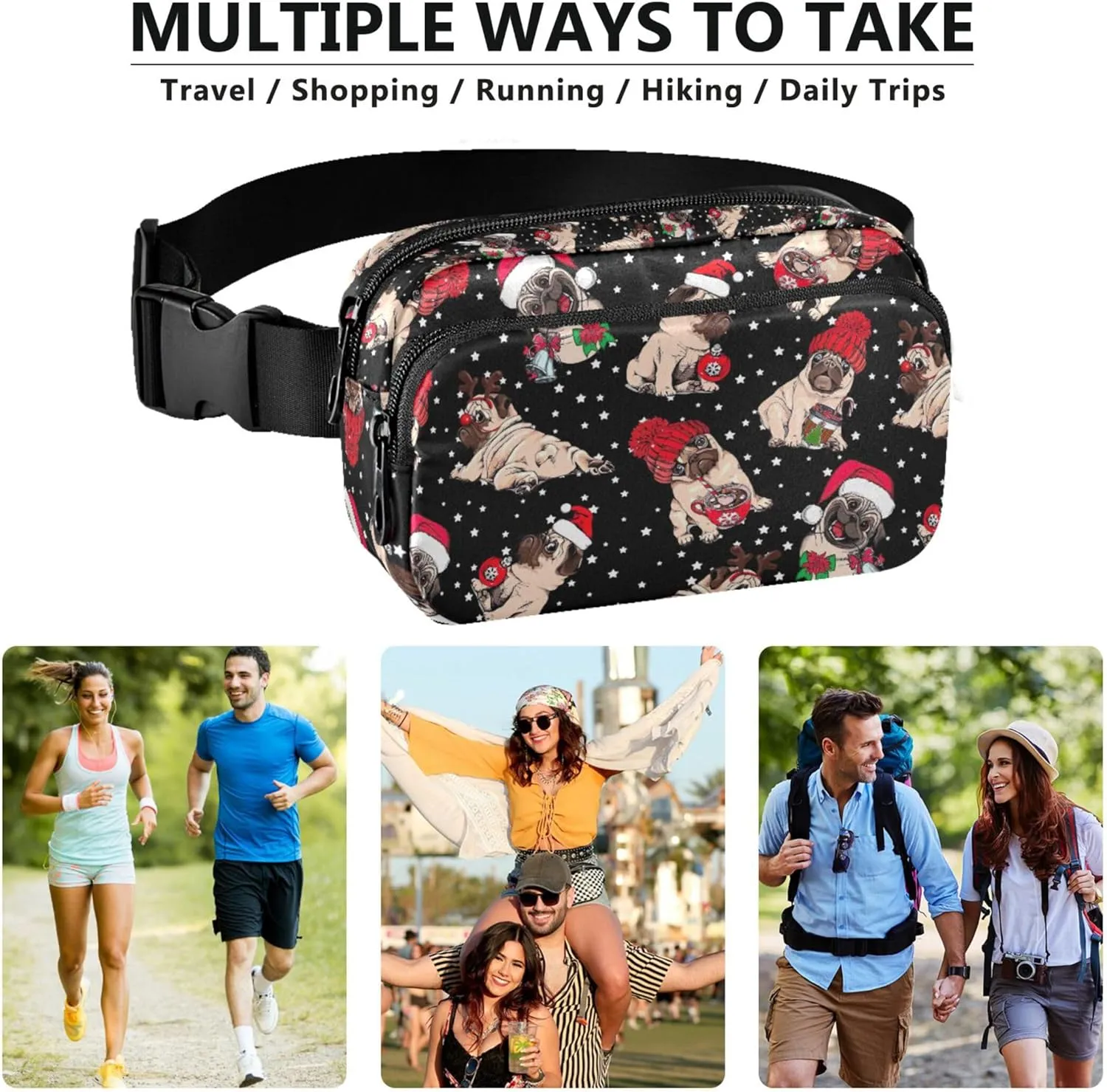 Custom Christmas Cute Pug Bulldog Fanny Packs for Women Hip Pack Belt Pouch Waterproof Hiking Crossbody Waist Purse