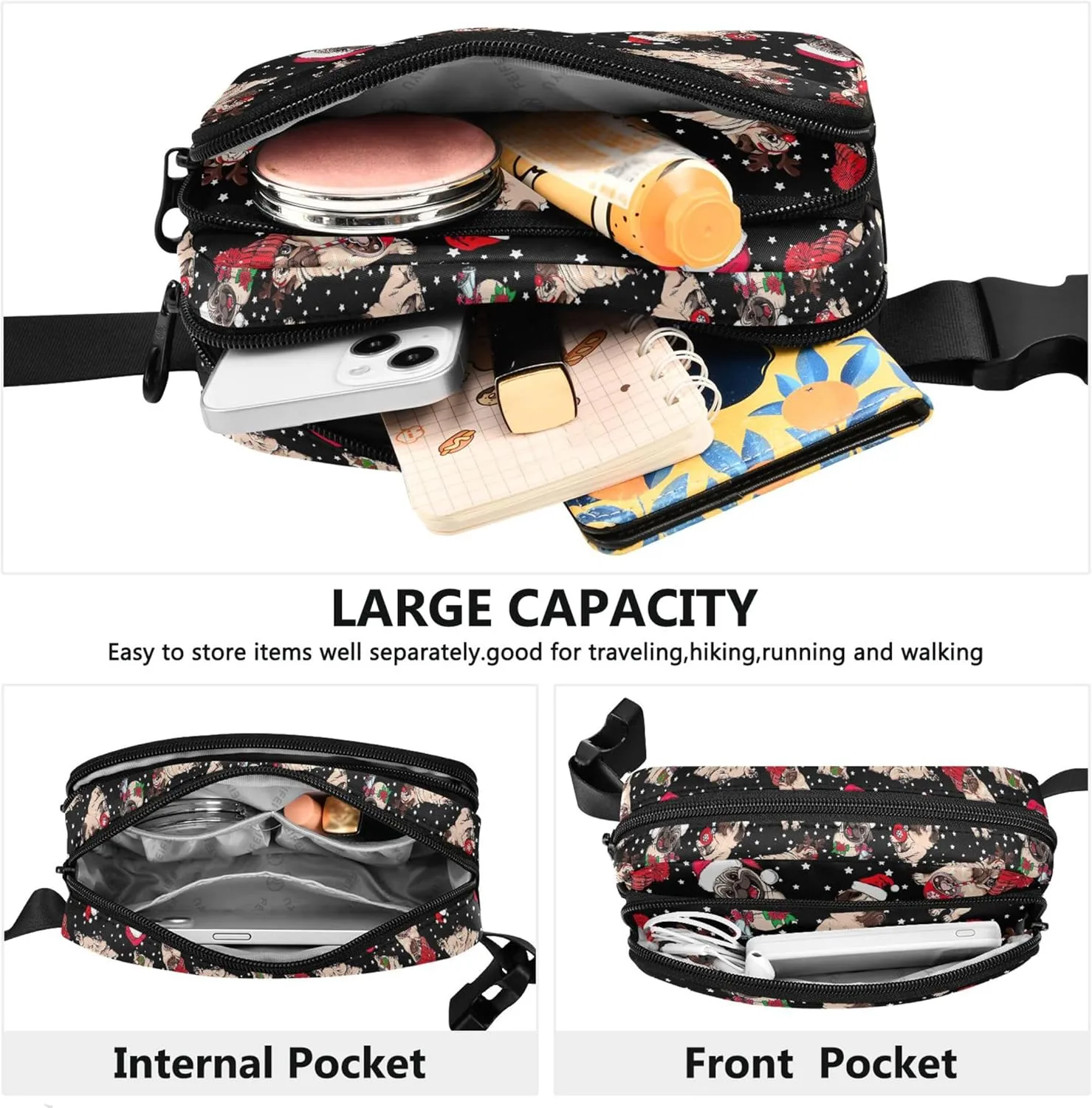 Custom Christmas Cute Pug Bulldog Fanny Packs for Women Hip Pack Belt Pouch Waterproof Hiking Crossbody Waist Purse