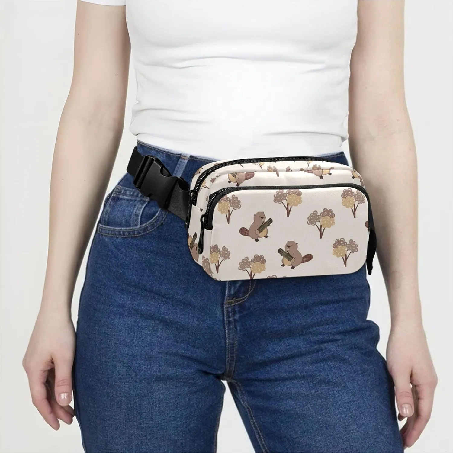 Customized Cute Beaver Khaki Brown Fanny Packs Women Waterproof Hip Pack Belt Bag Cute Travel Waist Pouch