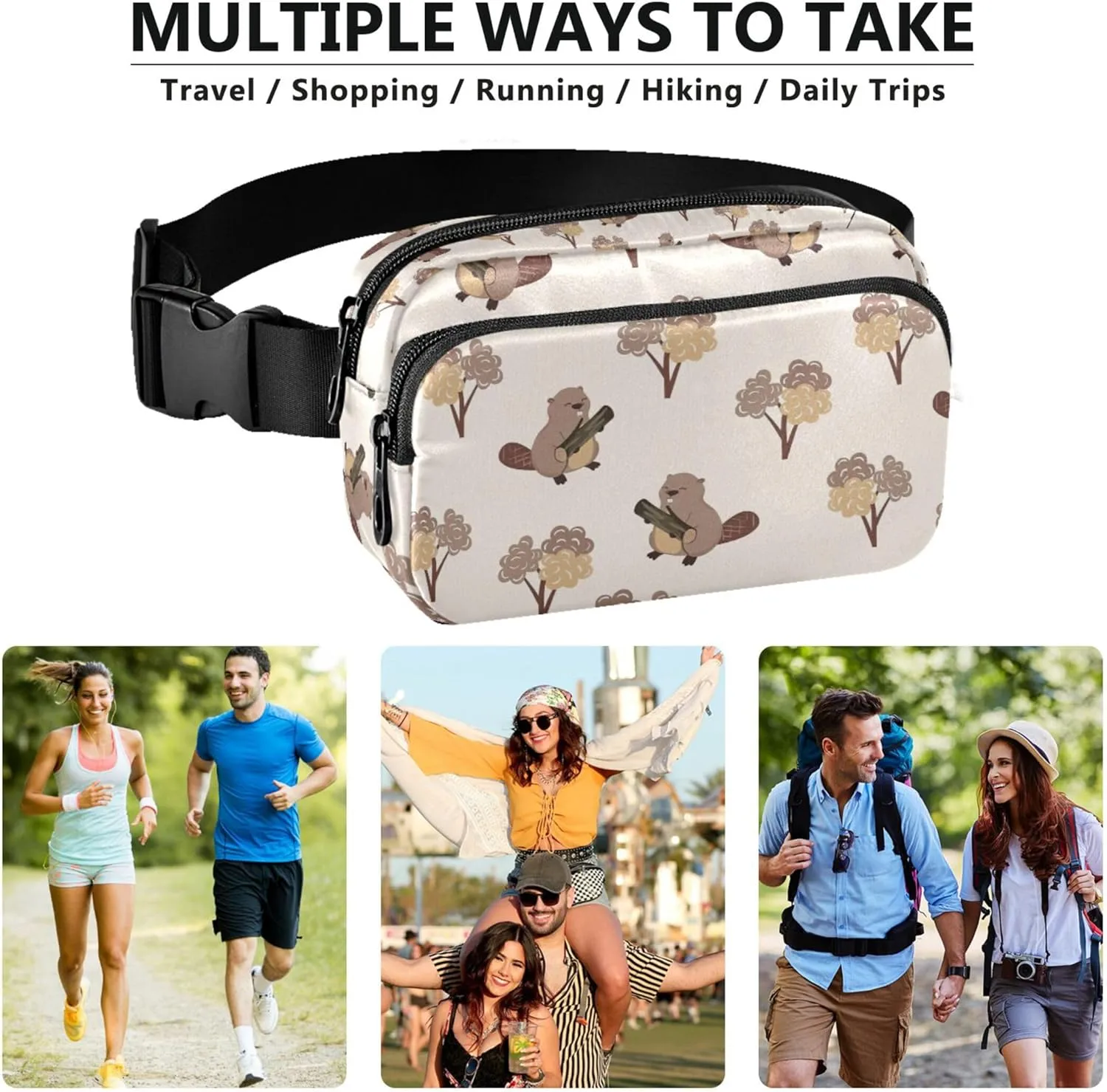 Customized Cute Beaver Khaki Brown Fanny Packs Women Waterproof Hip Pack Belt Bag Cute Travel Waist Pouch