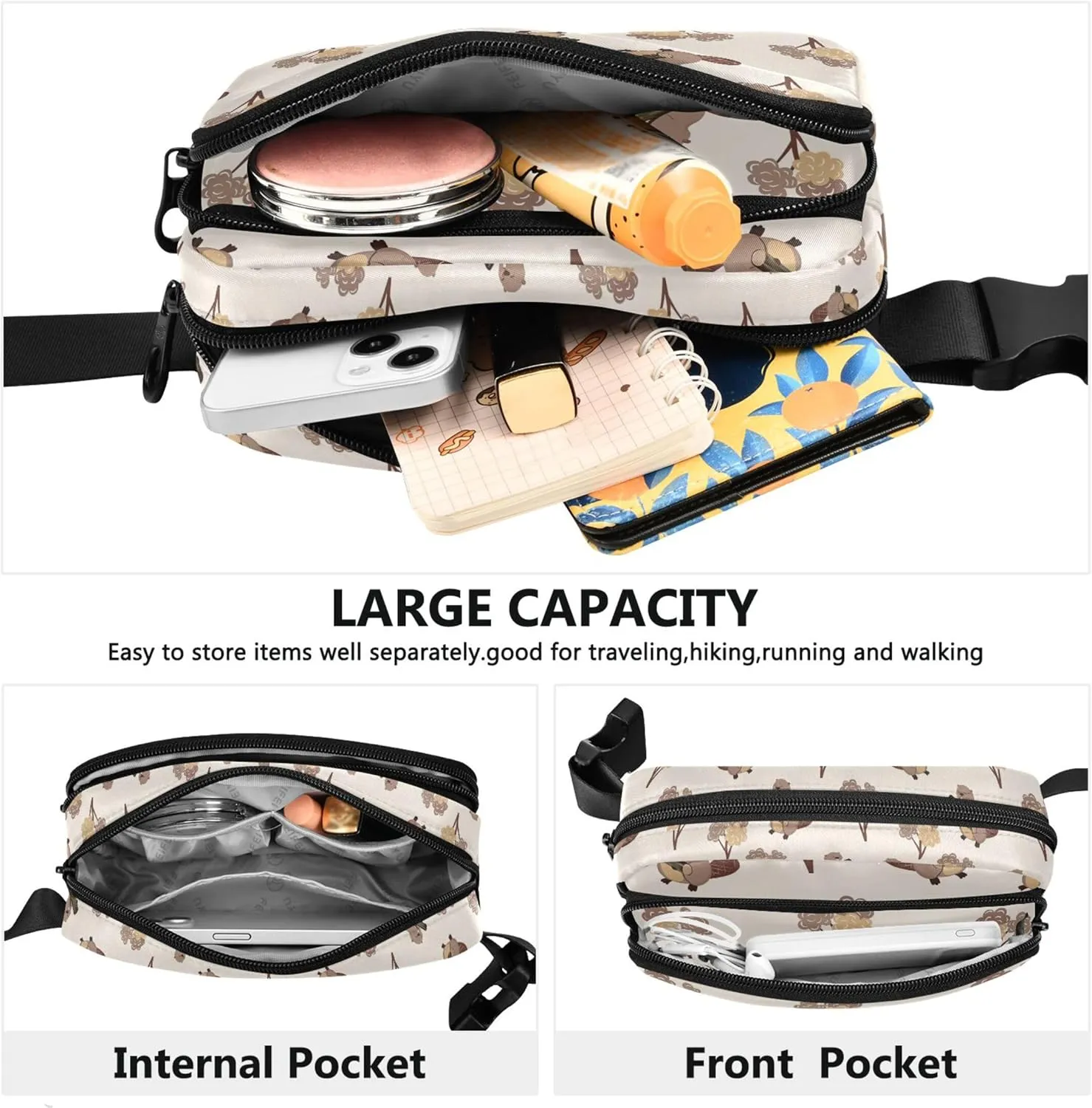 Customized Cute Beaver Khaki Brown Fanny Packs Women Waterproof Hip Pack Belt Bag Cute Travel Waist Pouch