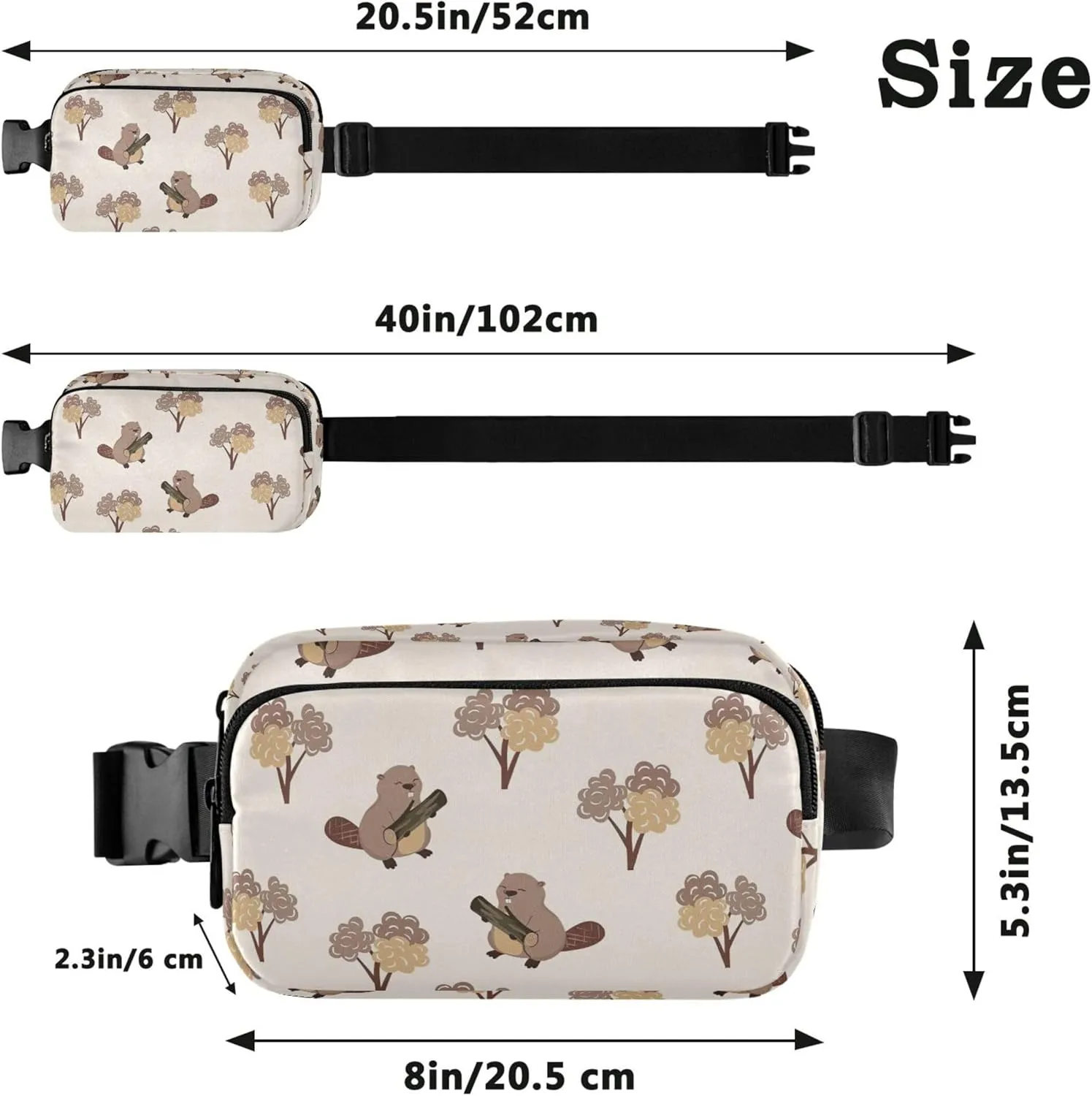 Customized Cute Beaver Khaki Brown Fanny Packs Women Waterproof Hip Pack Belt Bag Cute Travel Waist Pouch