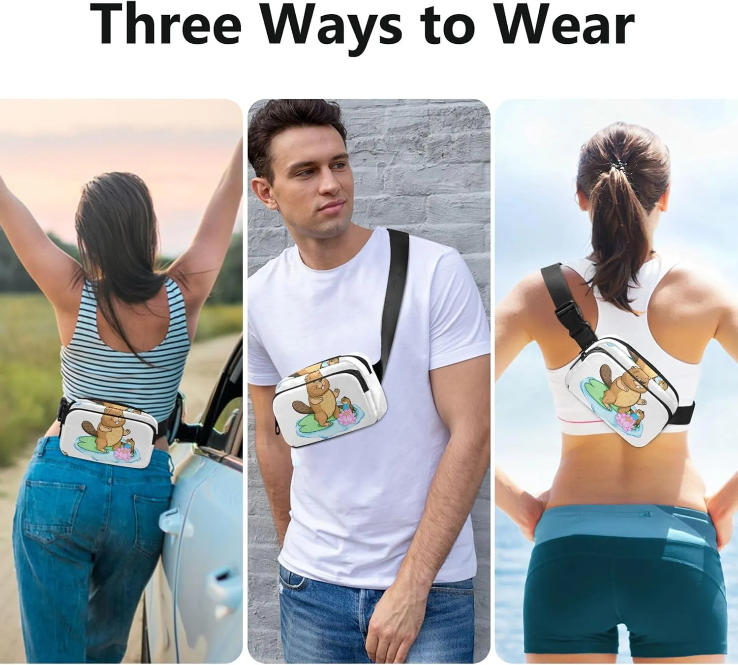 Cute Cartoon Beaver Bird Lily Fanny Packs for Women Waterproof Hip Bag Belt Purse Funny Waist Bag for Women