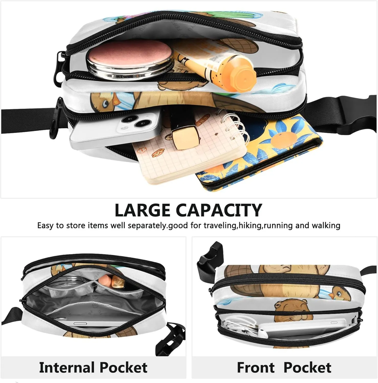 Cute Cartoon Beaver Bird Lily Fanny Packs for Women Waterproof Hip Bag Belt Purse Funny Waist Bag for Women