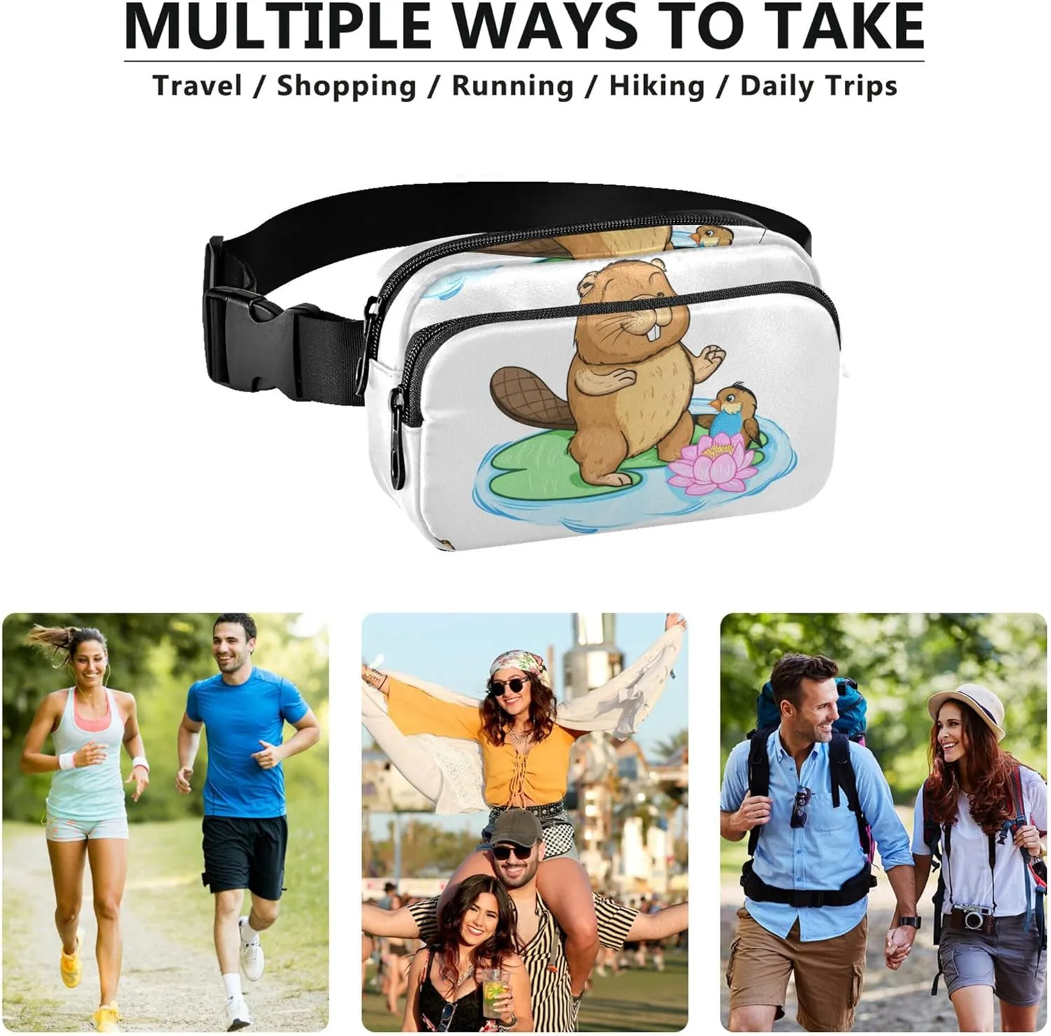 Cute Cartoon Beaver Bird Lily Fanny Packs for Women Waterproof Hip Bag Belt Purse Funny Waist Bag for Women