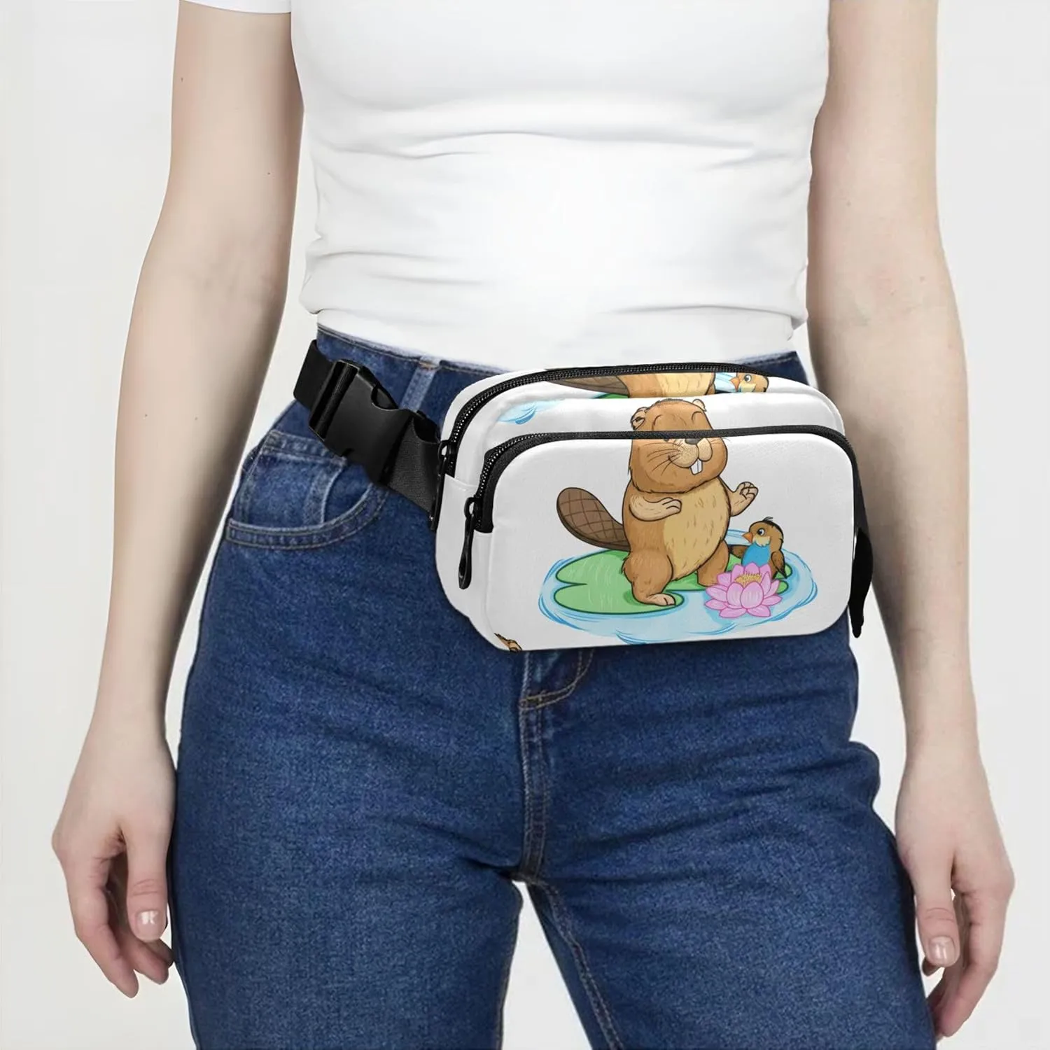 Cute Cartoon Beaver Bird Lily Fanny Packs for Women Waterproof Hip Bag Belt Purse Funny Waist Bag for Women