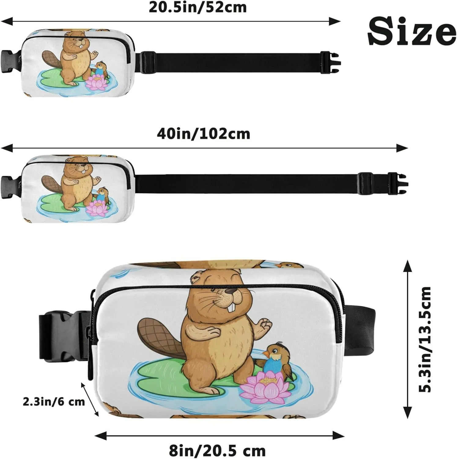 Cute Cartoon Beaver Bird Lily Fanny Packs for Women Waterproof Hip Bag Belt Purse Funny Waist Bag for Women