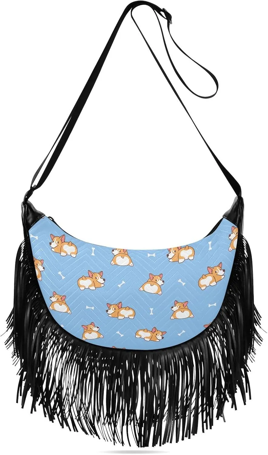 Cute-corgis-pattern Women Tassel Fringe Shoulder bag, Fringe Purse Crossbody, Women Tassel Hobo Bag with Zipper