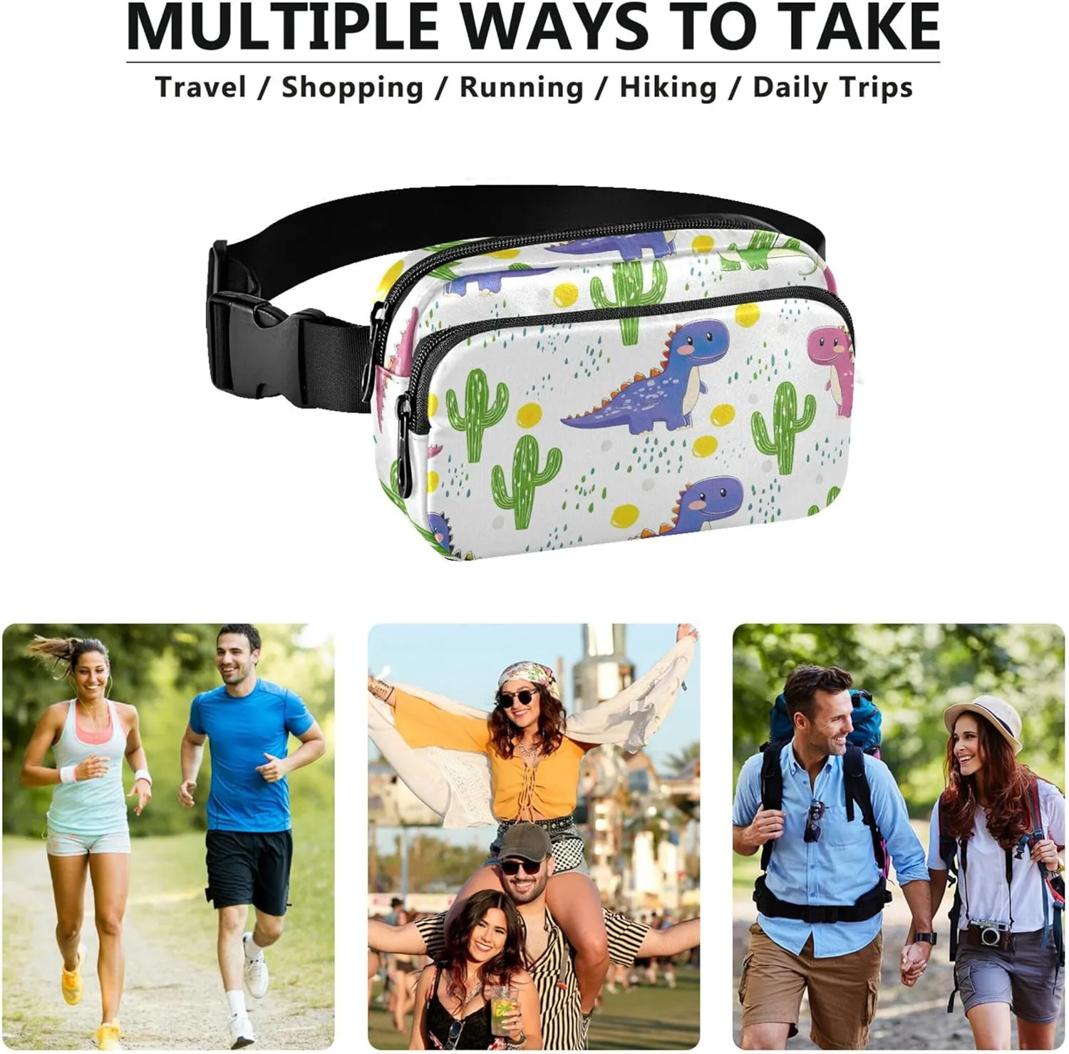 Cute Dinosaurs Cactus Waterproof Women Fanny Packs Hip Bag Belt Pouch Bright Colored Waist Pouch for Women