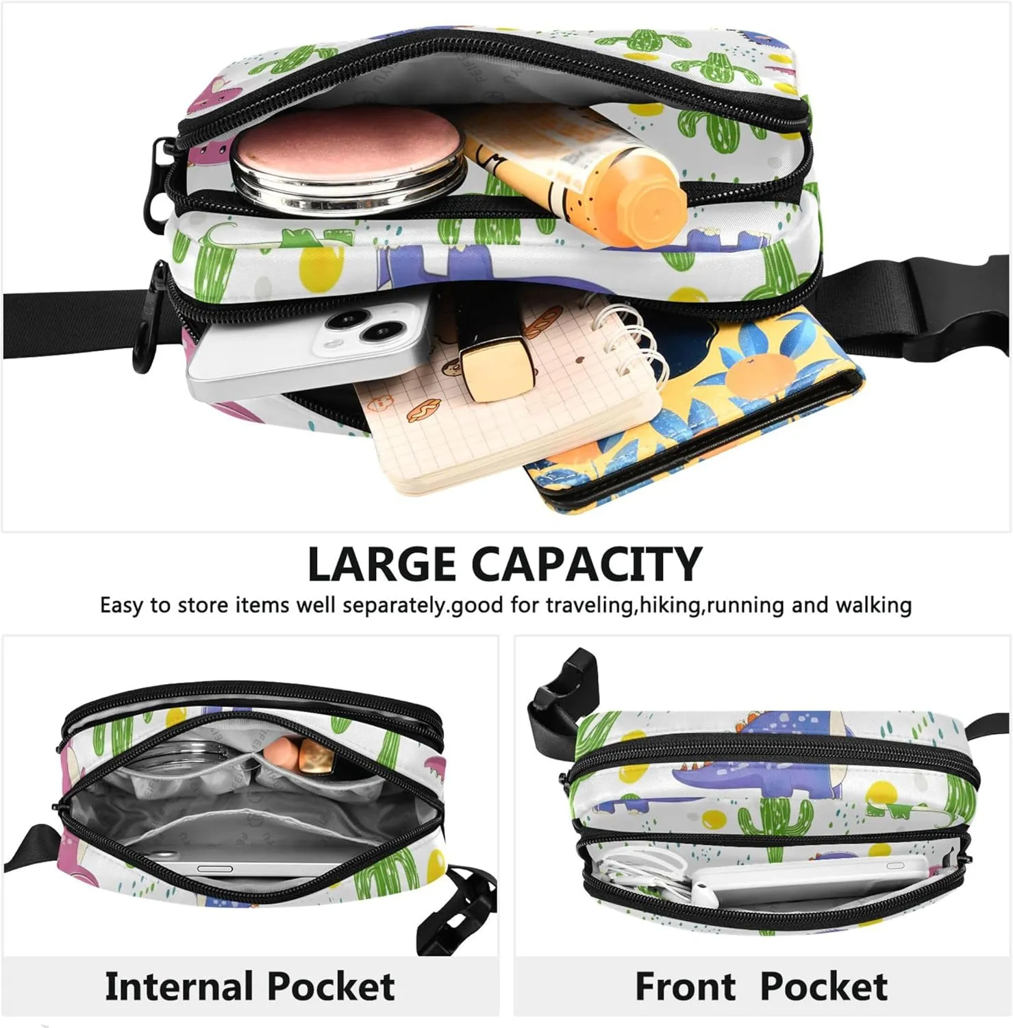 Cute Dinosaurs Cactus Waterproof Women Fanny Packs Hip Bag Belt Pouch Bright Colored Waist Pouch for Women