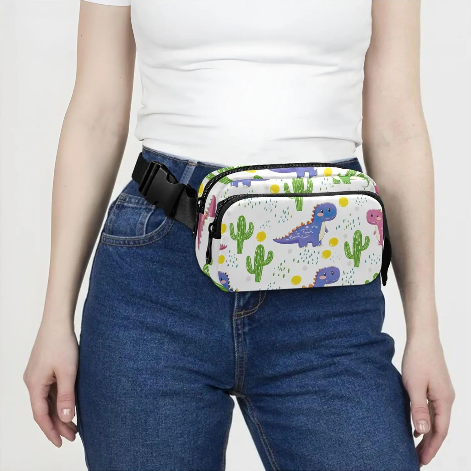 Cute Dinosaurs Cactus Waterproof Women Fanny Packs Hip Bag Belt Pouch Bright Colored Waist Pouch for Women