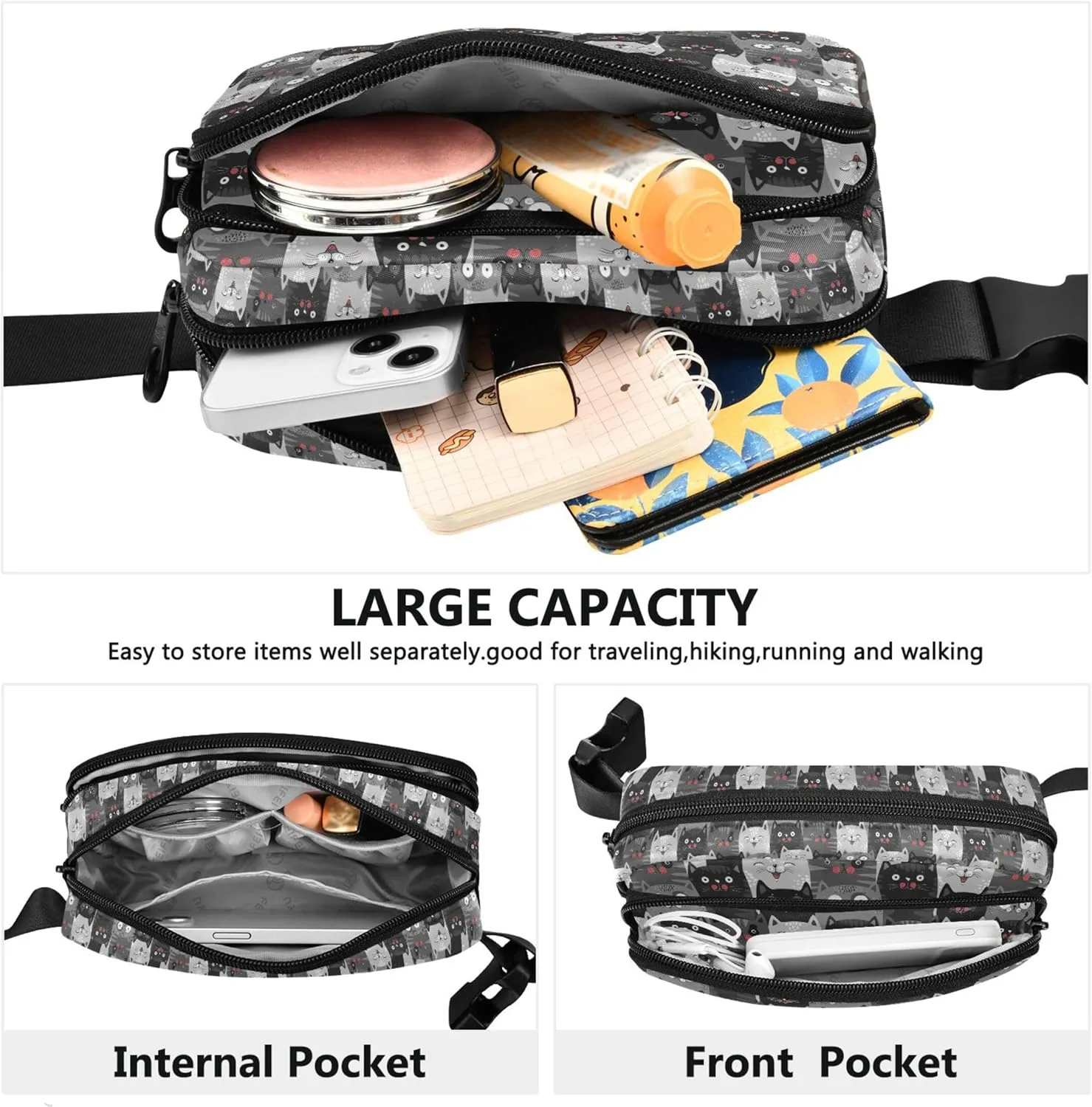 Cute Grey Cats Women Fanny Pack Hip Pack Belt Bag Waterproof Flower Crossbody Waist Purse